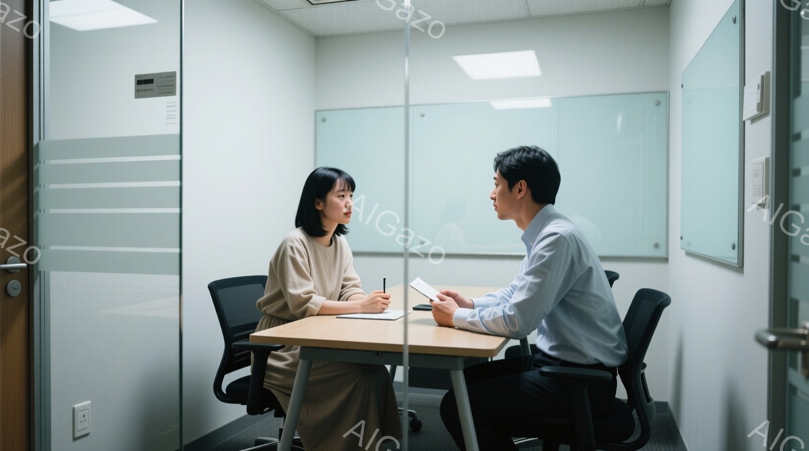 部屋の中では、一人の女性と一人の男性が机を挟んで向かい合って座っています。女性はベージュの長袖のワンピースを着ており、黒髪を後ろでまとめています。男性は薄い青色のシャツを着ており、何か書類を手に持っています。