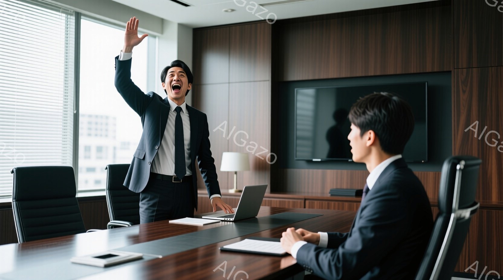 紺色のスーツを着た男性が、片手を高く上げ、興奮した表情で何かを訴えています。対面には、同じく紺色のスーツを着た別の男性が、テーブルに座って手を組み、静かに彼を見つめています。背景には大きな窓から明るい光が差し込み、モダンな会議室の様子がうかがえ、全体的に活気と緊張感が入り混じった雰囲気です。