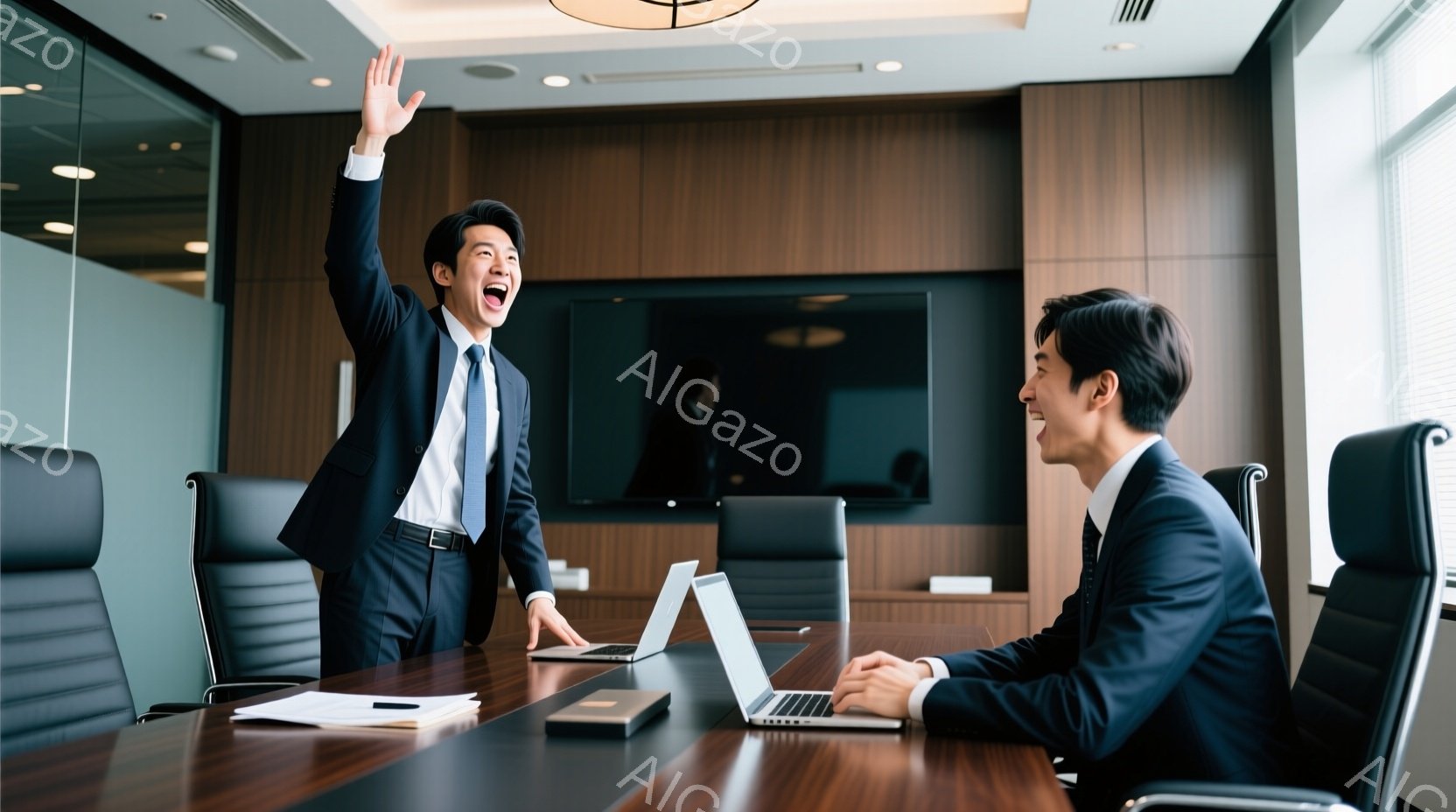 紺色のスーツを着た男性が、片手を高く上げ、興奮した表情で何かを訴えています。対面には、同じく紺色のスーツを着た別の男性がノートパソコンに向かい、少し顔を上げてこちらを見ています。背景は木目調の壁と黒い会議テーブル、そして遠くには他の参加者の姿が見え、全体的にビジネスライクで活気のある雰囲気です。