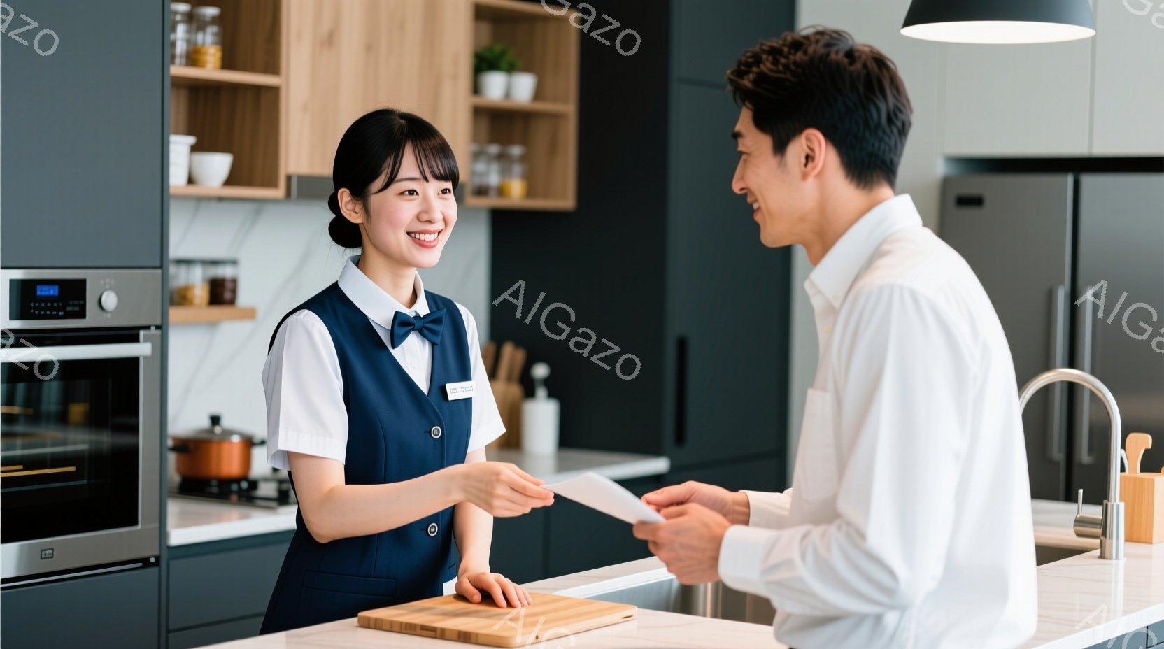 明るいキッチンで、制服を着た若い女性が書類を男性に手渡している。女性は黒髪で、明るい笑顔を浮かべ、エプロンとリボンタイを締めている。背景にはモダンなキッチン設備が見え、全体的に清潔感があり、親しみやす - AI生成フリー素材