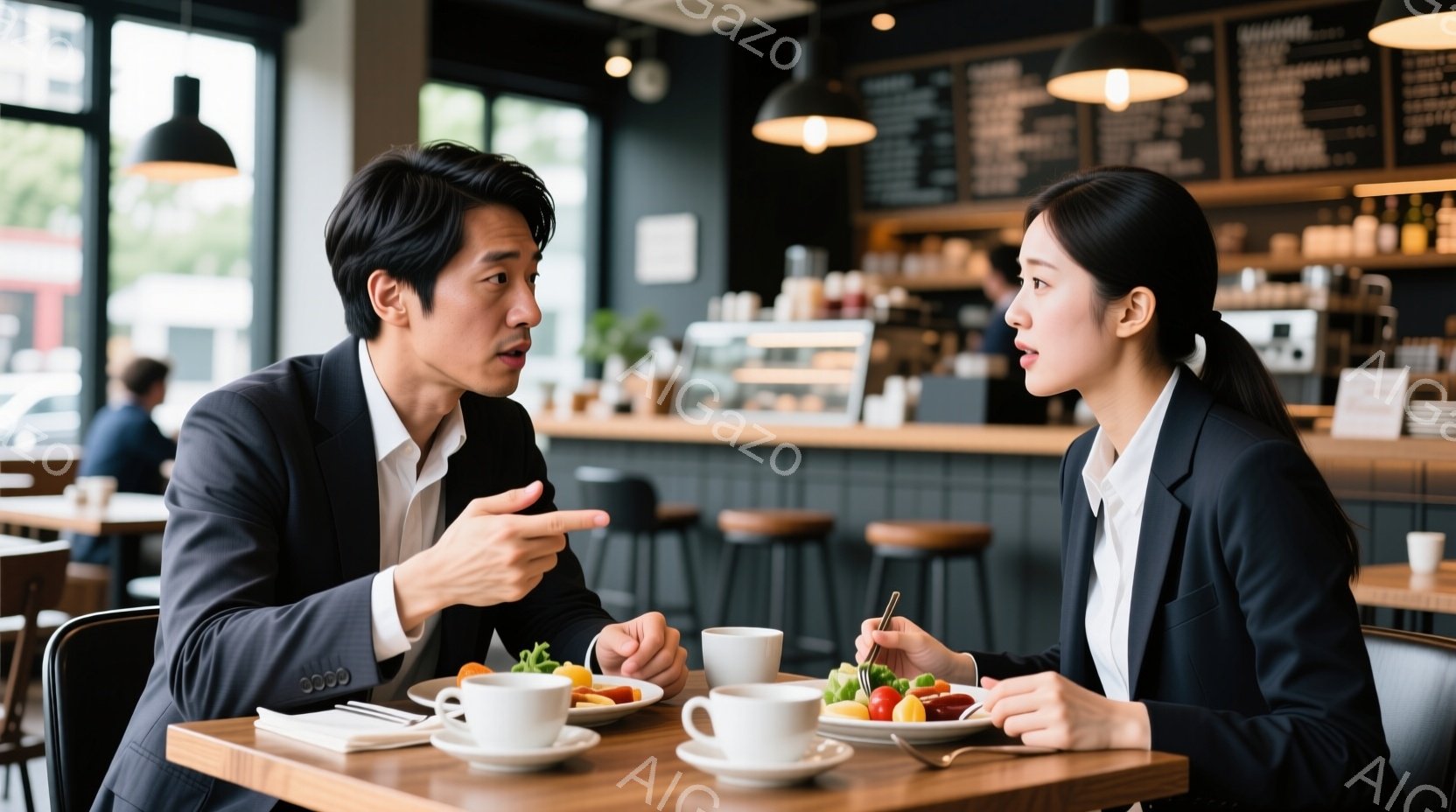 ビジネススーツを着た男女が、カフェで食事をしながら向かい合って会話しています。男性は身振り手振りを交えながら熱心に話しており、女性は箸でサラダをつまみながら、彼の言葉に耳を傾けています。背景には、カウ - AI生成フリー素材