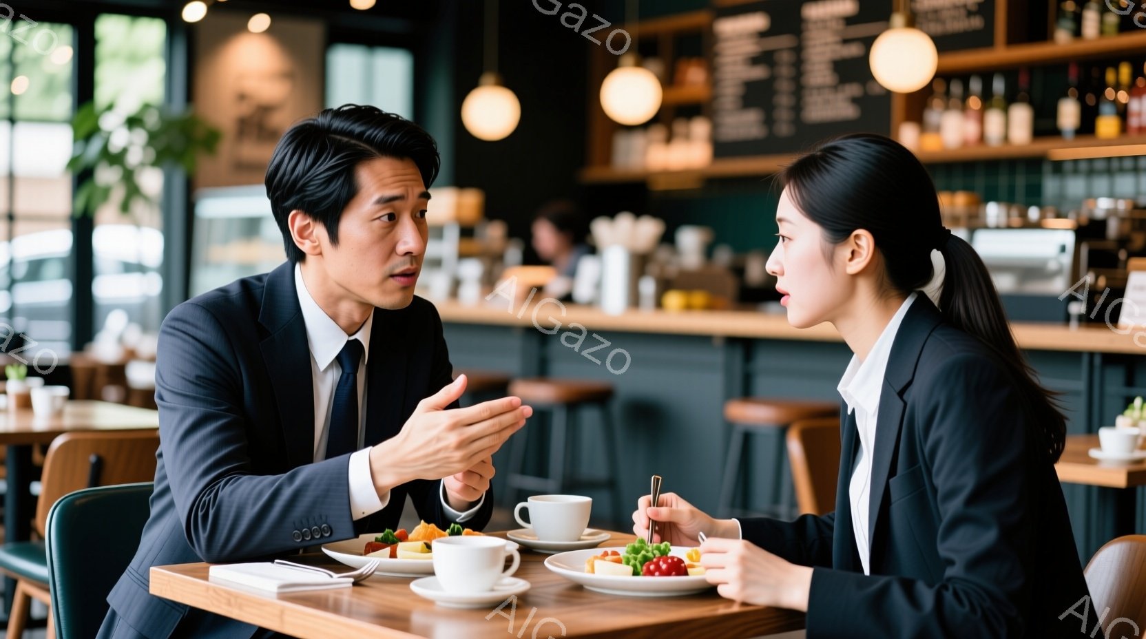 ビジネススーツを着た男女が、カフェで食事をしながら向かい合って話しています。男性は手を動かしながら熱心に何かを説明している様子で、女性は少し真剣な表情で相手の話を聞いています。背景には、カウンターやテ - AI生成フリー素材