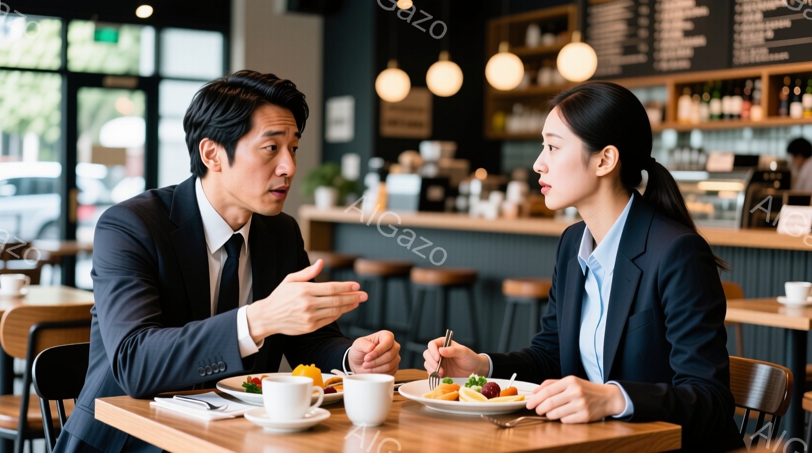 スーツを着た男性と女性がカフェのテーブルを挟んで向かい合って座っており、男性は何かを説明するように身振り手振りをしながら話しています。女性はやや厳しい表情で、フォークとナイフを使って食事をしています。 - AI生成フリー素材