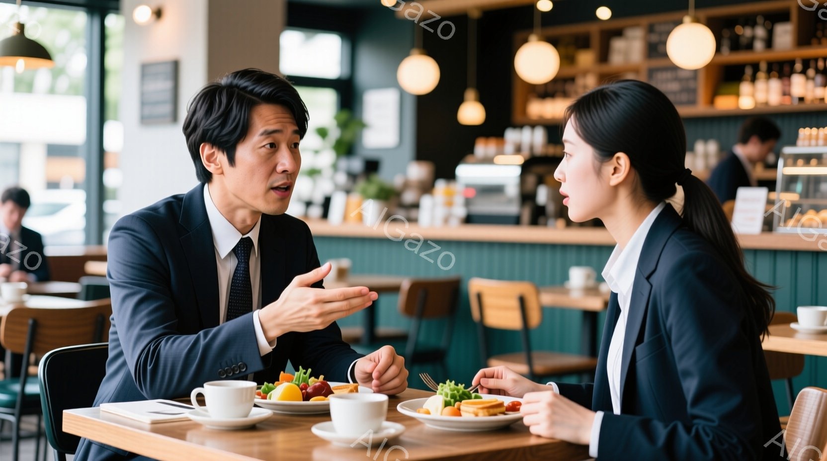 書類を手に持ったビジネスマンとビジネスウーマンが写っています。女性は黒いスーツを着ており、少し驚いた表情をしています。男性は黒いスーツとネクタイを着用し、何かを説明しているかのように手を伸ばして話しています。