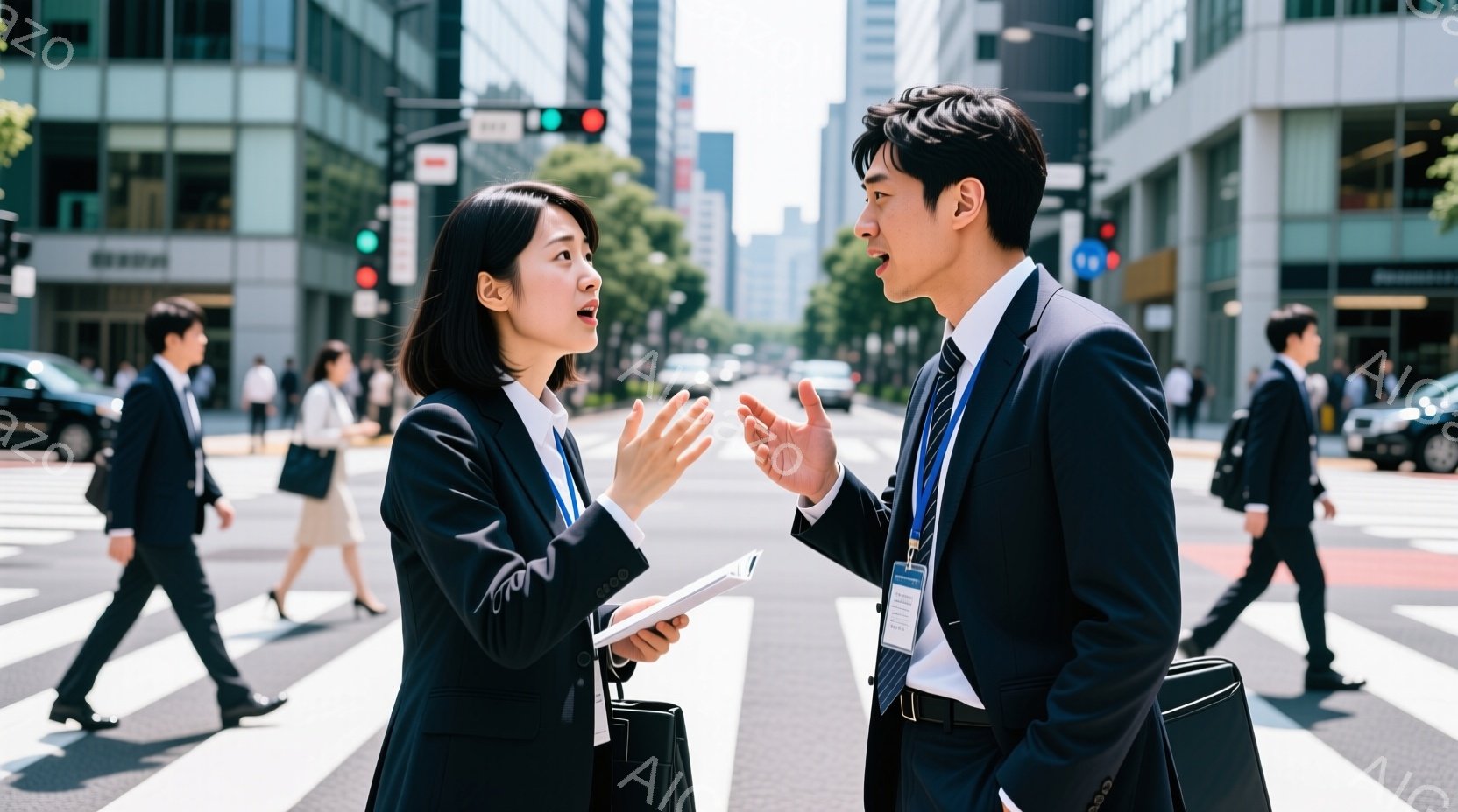 ビジネススーツを着た男女が横断歩道上で議論している様子が写っている。女性は黒いスーツ、ストレートヘア、やや驚いた表情で身振り手振りを交えながら話しており、男性は濃い青色のスーツを着て、少し困ったような表情で女性を見ている。背景には高層ビルが立ち並び、晴天の下、多くの人々が歩いていることから、活気のある都会の風景であることがわかる。