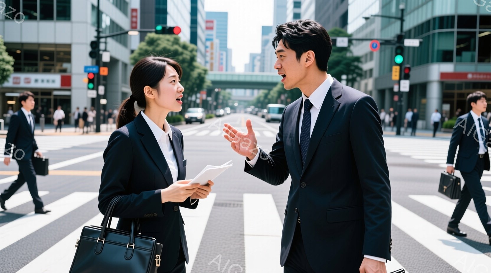 街中の横断歩道で、スーツ姿の男女が向かい合って議論している様子が写っている。女性は書類を手に、驚いた表情で男性を見つめており、男性は何かを説明するように片手を挙げている。背景には高層ビルが立ち並び、晴 - AI生成フリー素材