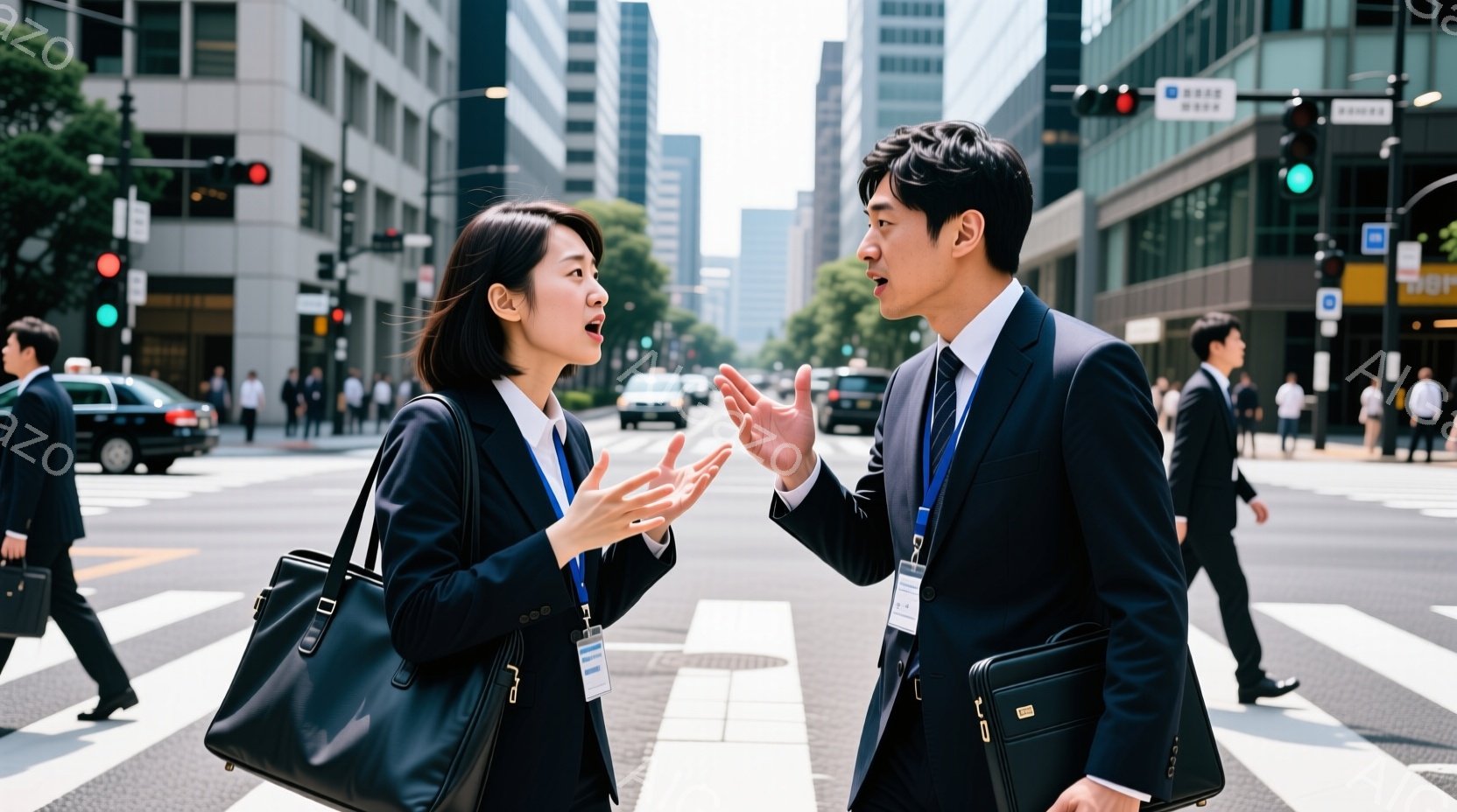スーツを着た若い女性と男性が横断歩道で議論している様子が写っています。女性は黒のハンドバッグを持ち、驚いた表情で両手を広げています。背景には高層ビルが立ち並び、晴天で活気のある都会の風景が広がっていま - AI生成フリー素材