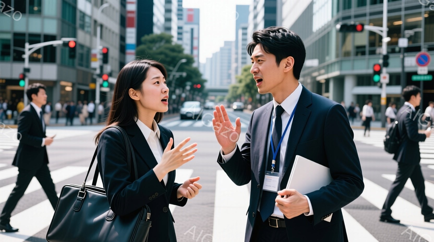 ビジネスウーマンとビジネスマンが、横断歩道上で身振り手振りで激しく議論している様子が写っている。女性は黒いスーツに黒いバッグを持ち、驚いた表情で両手を広げている。背景には高層ビル群が立ち並び、晴天の下 - AI生成フリー素材