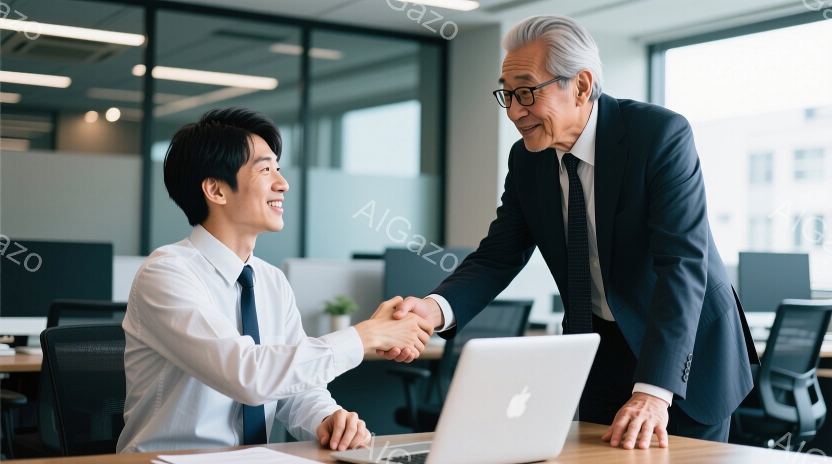 若い男性と年配の男性が握手をしています。若い男性は白いシャツにネクタイ、年配の男性は紺色のスーツを着ており、共に穏やかな笑顔を浮かべています。背景にはオフィスがあり、机の上にはノートパソコンが置かれ、 - AI生成フリー素材