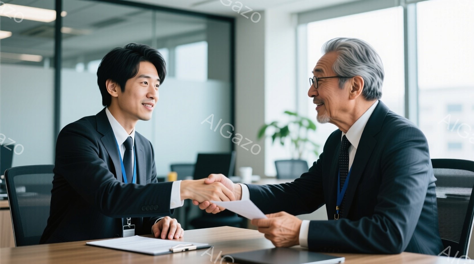 スーツを着た若い男性と、白髪で眼鏡をかけた年配の男性が、机を挟んで握手しています。二人は穏やかな笑顔を浮かべ、ビジネスシーンにおける協力や合意を象徴するような姿勢を見せています。背景はオフィスで、窓か - AI生成フリー素材