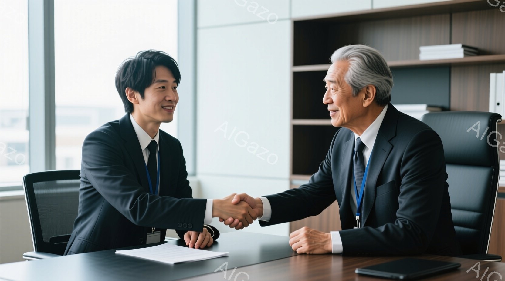 2人の男性が、オフィスで握手をしています。若い男性は黒いスーツにネクタイ、短髪で笑顔を見せています。年配の男性も黒いスーツにネクタイ、白髪で穏やかな表情です。 - AI生成フリー素材