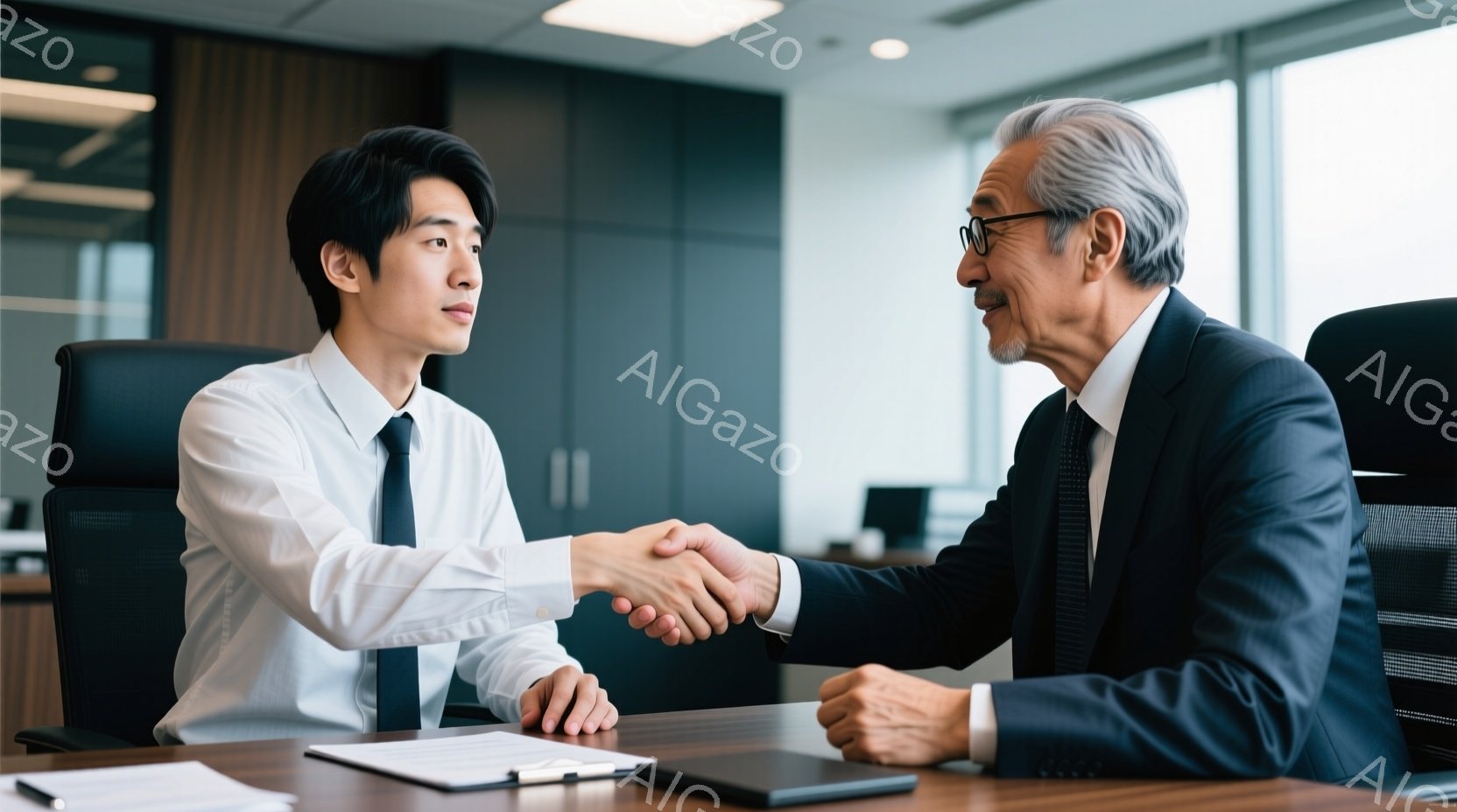 若い男性と年配の男性が、会議室で握手をしています。若い男性は白いシャツにネクタイ、年配の男性は紺色のスーツにネクタイを着用し、真剣な表情で互いに向き合っています。背景には窓があり、明るい光が差し込み、 - AI生成フリー素材