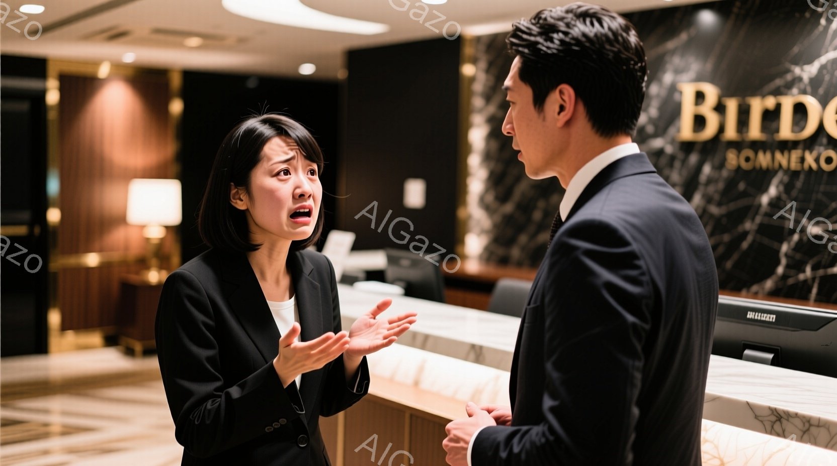 若い女性は白いシャツを着ており、黒髪を肩の長さで切り揃えています。彼女は何かを説明しているようで、少し真剣な表情で手を広げています。背景にはカフェのような内装が見え、年配の男性が彼女の言葉に耳を傾けています。