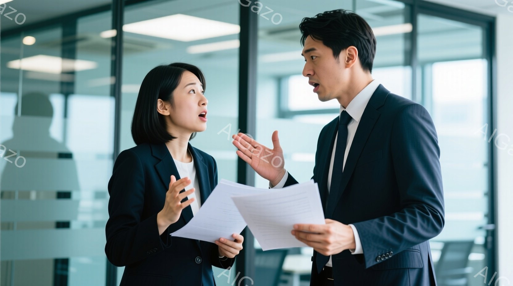 紺色のスーツを着た女性と男性が書類を見ながら向かい合って立っている。女性は口を開けてやや驚いた表情で何かを説明しているようで、男性は身振り手振りを交えながら熱心に話を聞いているように見える。背景はガラ - AI生成フリー素材