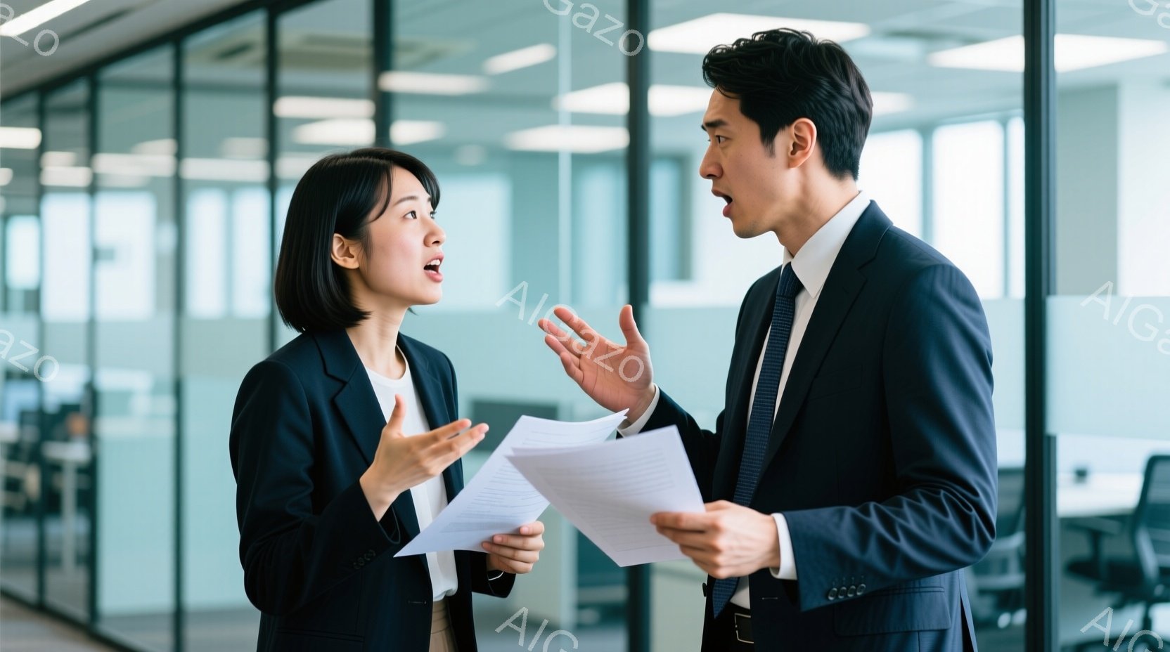 オフィスで書類を手にしながら話し合っている男女が写っています。女性は黒いジャケットを着て、短くダークブラウンのヘアスタイルで、少し驚いた表情をしています。男性はネクタイのついたスーツを着て、手を広げて - AI生成フリー素材