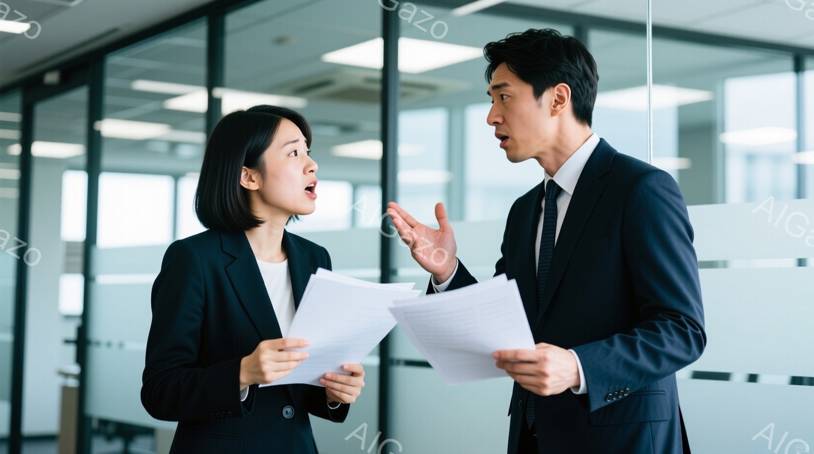 書類を手に持ったビジネスウーマンとビジネスマンが写っています。女性は黒いスーツを着て髪を短くカットしており、驚いた表情をしています。男性も黒いスーツを着ており、何かを説明しているようなジェスチャーをしています。背景はオフィス内のガラス張りの壁で、モダンな雰囲気を醸し出しています。