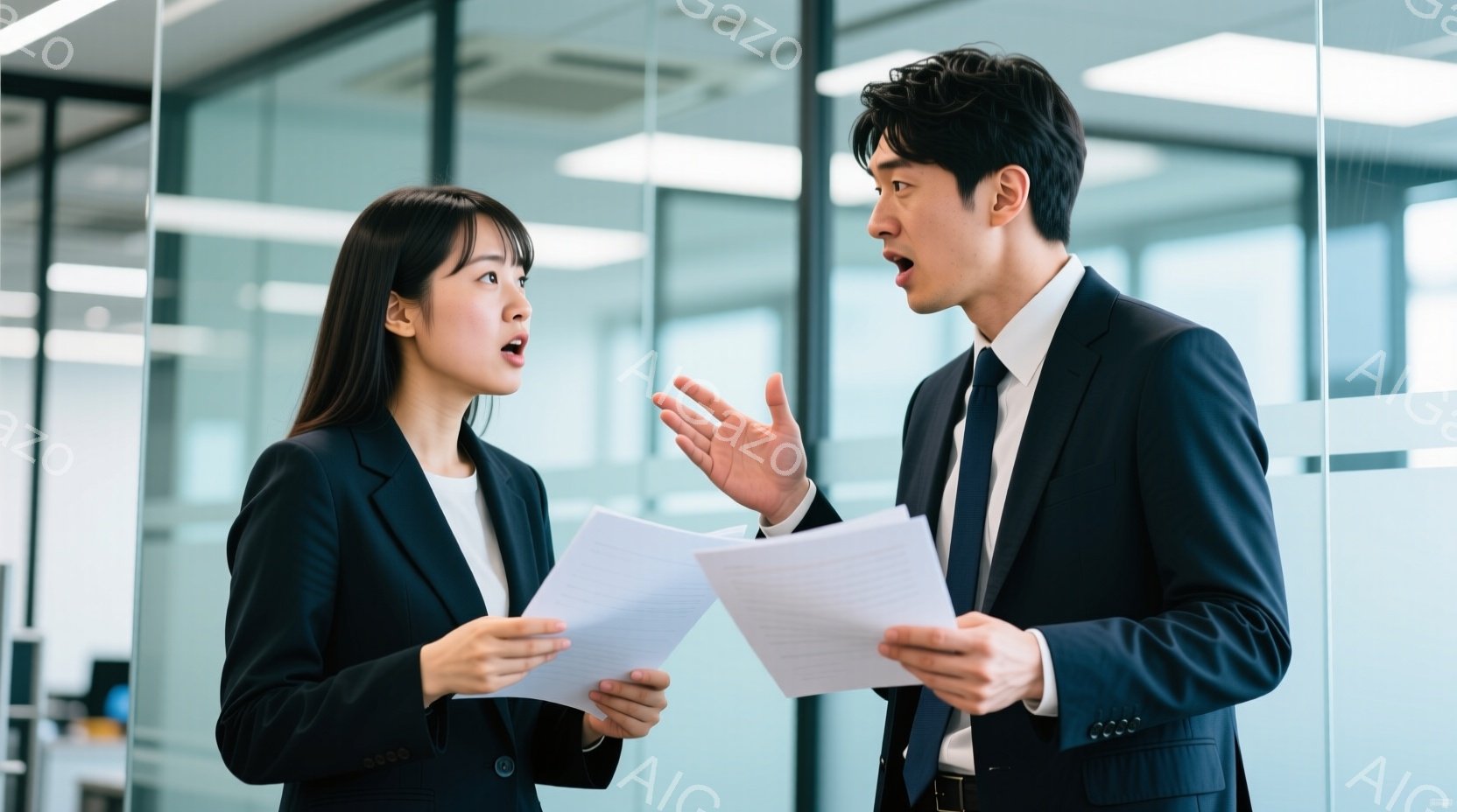 紺色のスーツを着た若い女性と男性が、書類を手にしながら向かい合って立っている。女性は驚いた表情で口を開けており、男性は何かを説明するかのように片手を上げている。背景はガラス張りのオフィスで、光が差し込 - AI生成フリー素材
