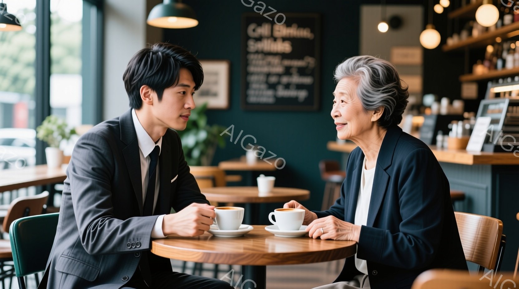 カフェのテーブルを挟んで向かい合って座っている若い男性と年配の女性が写っています。男性はダークグレーのスーツにネクタイで、女性はネイビーのジャケットに白いシャツを着ています。二人はコーヒーカップを持っ - AI生成フリー素材