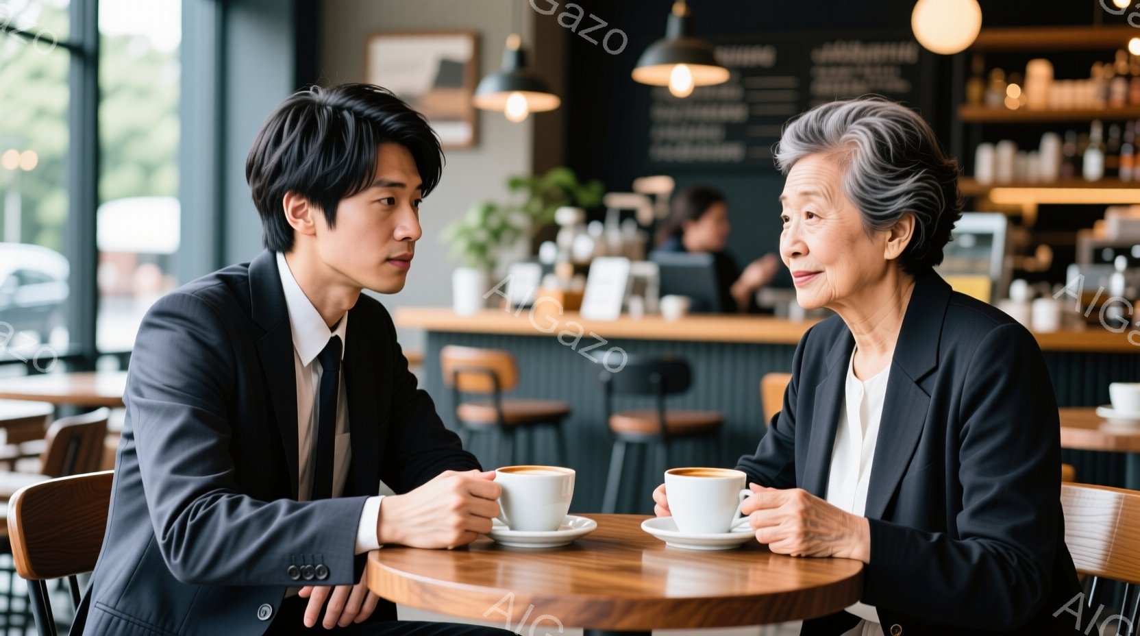 若い男性と年配の女性が円卓のカフェで向かい合って座り、コーヒーカップを持っている。男性はダークスーツにネクタイで、髪は短く整えられたスタイルで、真剣な表情をしている。背景にはカフェのカウンターや他の客が見え、全体的に落ち着いた、親密な雰囲気である。