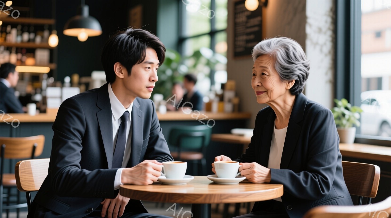 テーブルを挟んで向かい合って座る若い男性と年配の女性が写っている。男性は黒いスーツにネクタイを締め、女性は黒いジャケットに白いインナーを着ており、両者ともコーヒーカップを持っている。背景にはカフェのカウンターや他の客が見え、全体的に落ち着いた雰囲気で、何かの話し合いをしている場面のようだ。