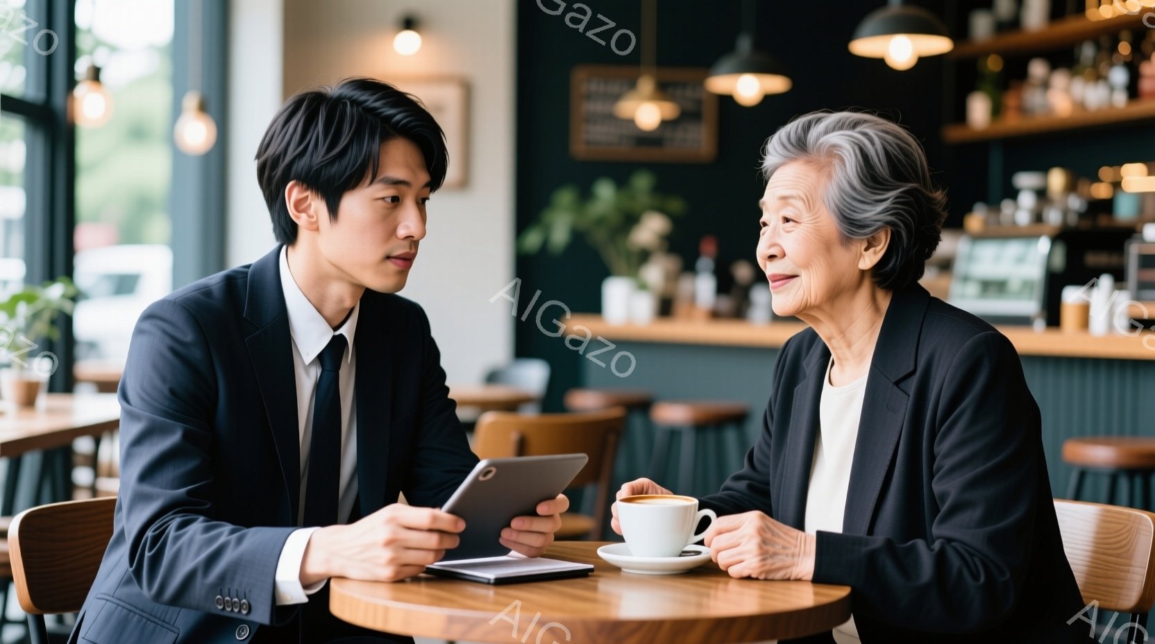 若い男性と年配の女性が円卓で向かい合って座っています。男性はスーツ姿でタブレットを見つめ、女性はコーヒーカップを手に微笑んでいます。背景にはカフェのカウンターや椅子が見え、落ち着いた雰囲気の中で何らか - AI生成フリー素材