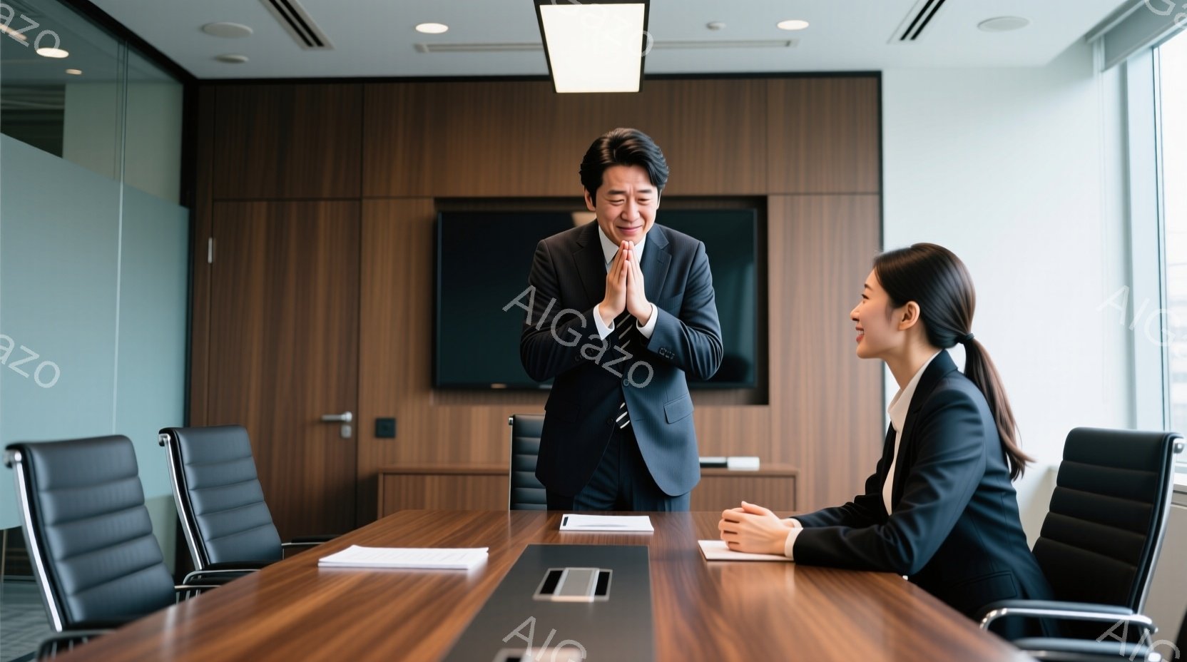 会議室で、一人の男性と一人の女性が向かい合って座っています。男性は黒いスーツを着ており、両手を組んで少し俯いた表情で女性に話しかけています。女性は黒いジャケットと白いシャツを着ており、少し微笑みながら男性の言葉に耳を傾けています。
