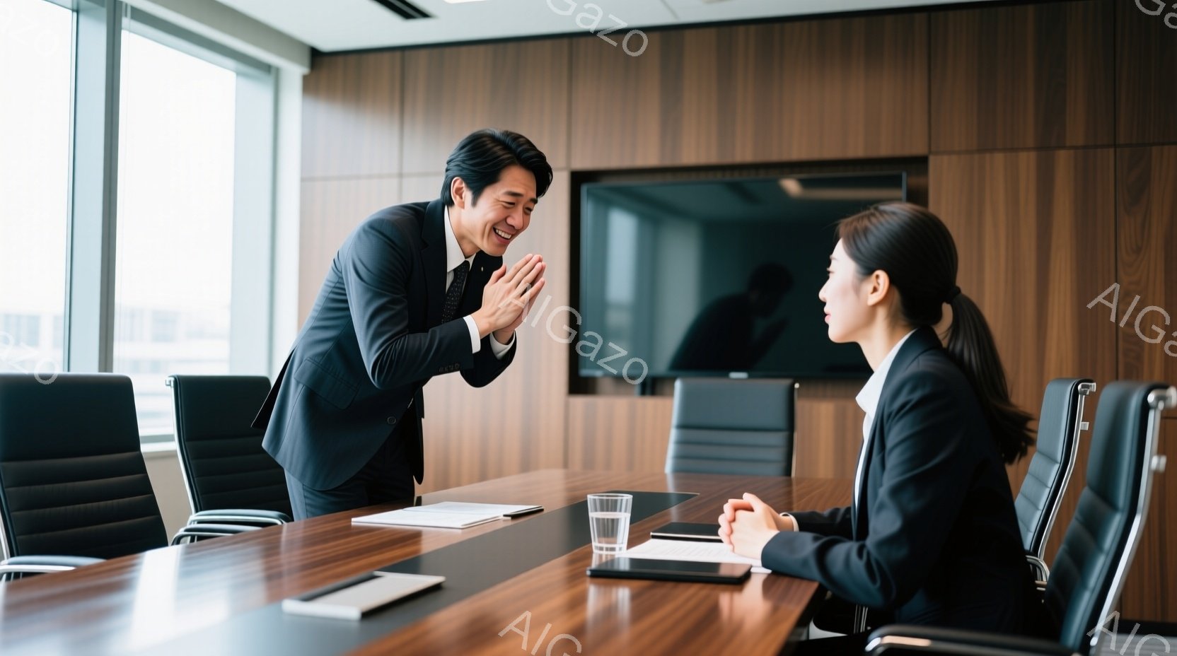 会議室で、一人の男性が女性に向かって手を合わせ、笑顔で挨拶をしている。男性は黒いスーツを着ており、髪は短く整えられている。女性はまた黒いスーツを着ており、両手を重ねて座っており、落ち着いた表情で男性を - AI生成フリー素材