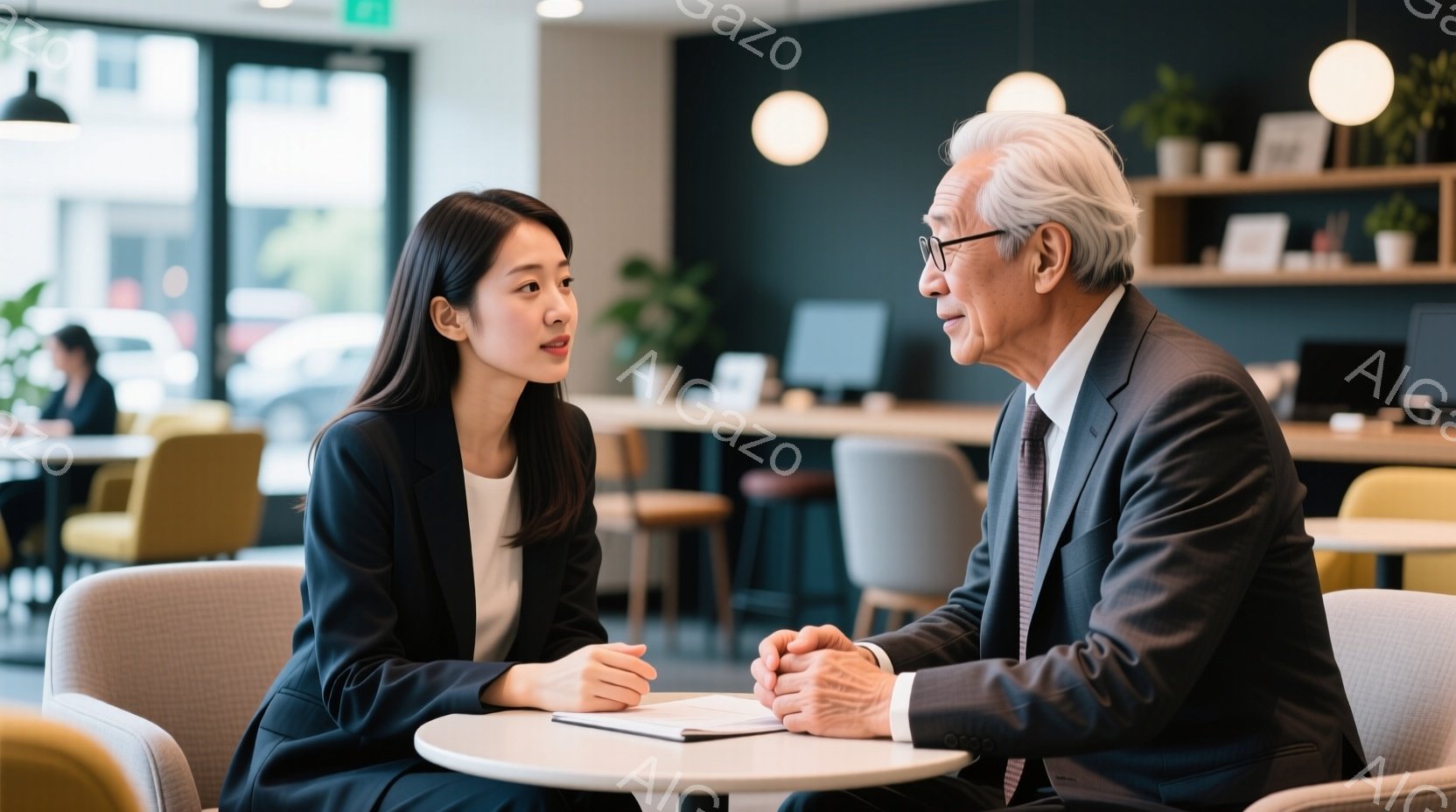 若い女性と年配の男性が円卓を挟んで向かい合って座っており、真剣な表情で会話をしている様子がうかがえます。女性は黒いスーツを着ており、髪は後ろでまとめています。背景には他の椅子や植物が置かれた明るい室内 - AI生成フリー素材