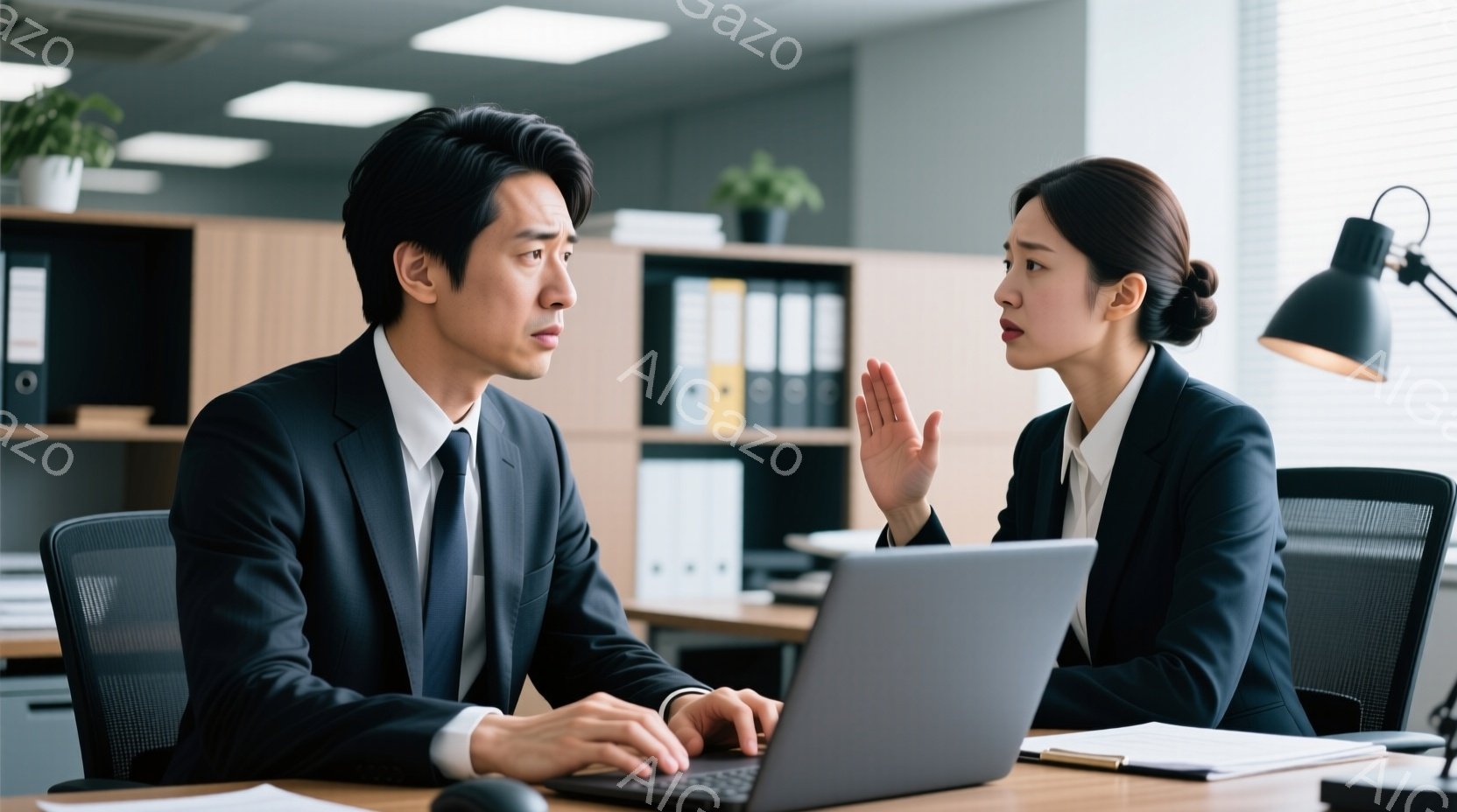 スーツを着た男性がパソコンに向かってタイプしており、真剣な表情をしています。対面には、同じくスーツを着た女性が手を挙げ、何かを制止しているような仕草をしています。背景にはオフィス内の棚があり、書類が並べられています。