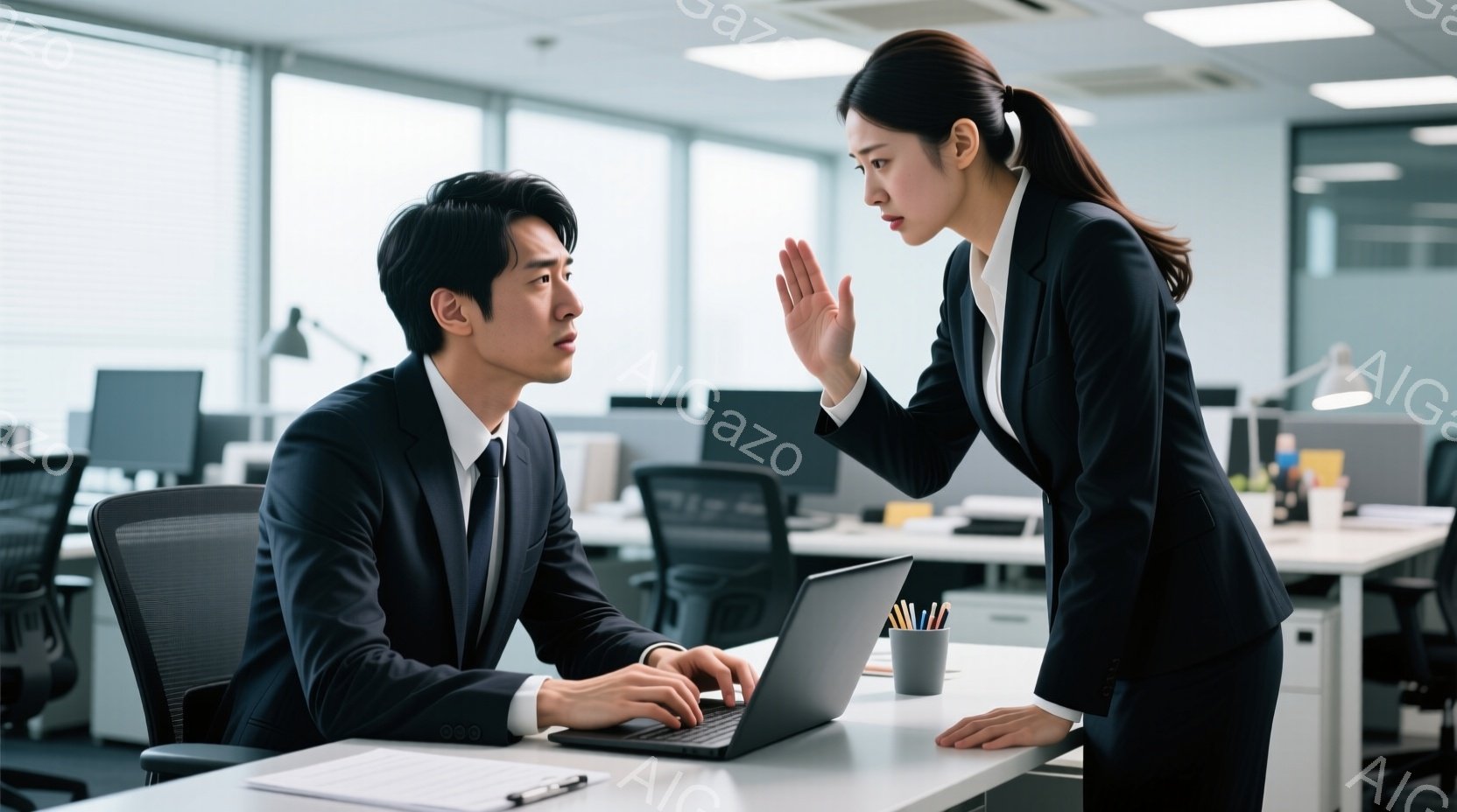 紺色のスーツを着た男性がオフィスでパソコンに向かってタイピングしており、やや険しい表情を浮かべている。対峙する女性も紺色のスーツで、片手を上げて男性を制しているような仕草をしており、強い意志を感じさせる。背景には他のオフィス席が見え、全体的にビジネスライクで緊張感のある雰囲気が漂っている。