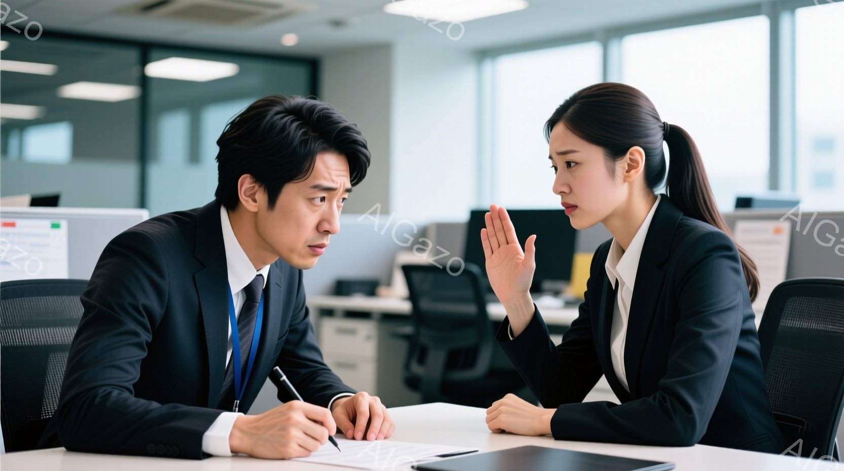 スーツを着た男性と女性がオフィスで対立している様子が写っています。男性はペンを手に書類を見つめ、困惑した表情をしています。女性は片手を挙げ、男性に対して何かを制止しているような仕草をしており、厳しい表 - AI生成フリー素材