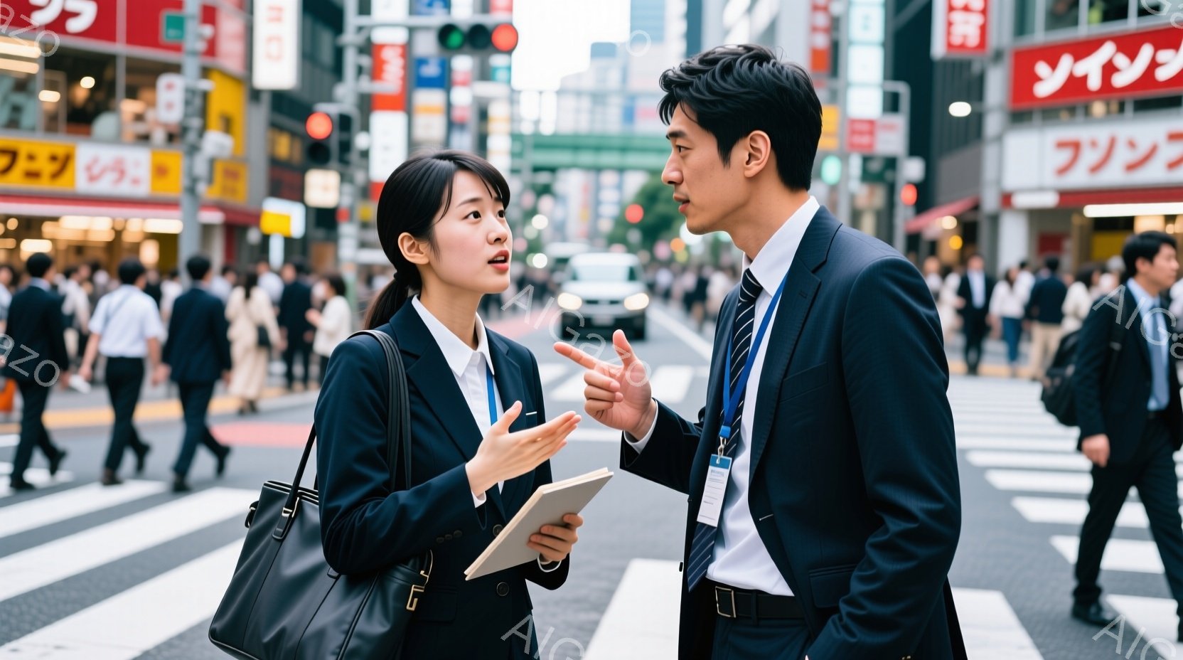 ビジネススーツを着た若い男女が交差点で向き合って会話しています。女性は黒いバッグを持ち、タブレットを手にしながら何かを説明しているようです。背景には多くの人が歩き、高層ビルや広告が並び、晴れた日の賑や - AI生成フリー素材