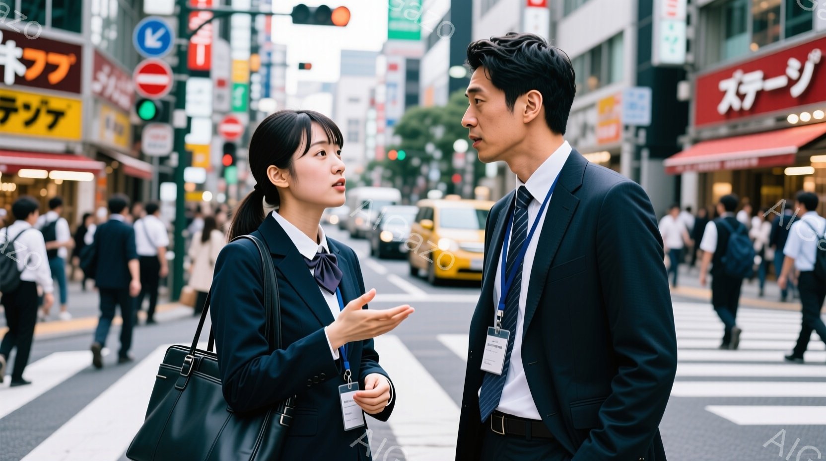 紺色のスーツに身を包んだ若い男女が、横断歩道上で会話をしている様子が写っている。女性は左手を広げながら何かを説明し、男性は真剣な表情でそれを聞いている。背景には高層ビルや多くの歩行者、タクシーが見え、賑やかな都会の風景が広がっている。