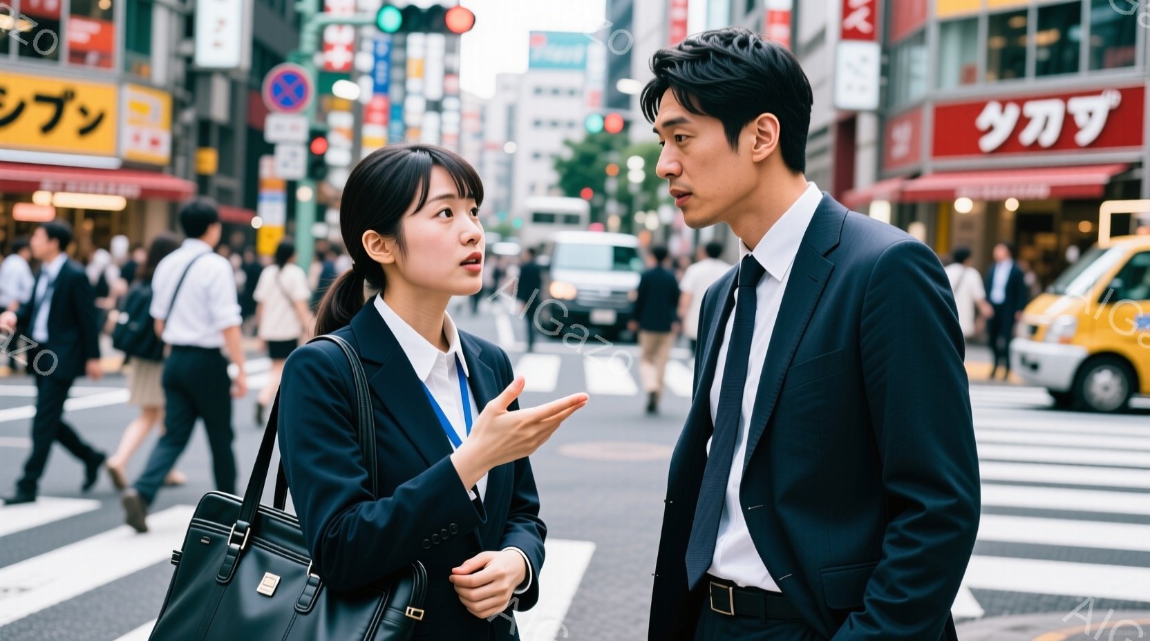 ビジネススーツを着た若い男女が、横断歩道上で向き合って会話しています。女性は黒髪で、少し口を開けて何かを説明しているような表情をしています。背景には高層ビルや多くの歩行者がおり、活気のある都市の雰囲気 - AI生成フリー素材