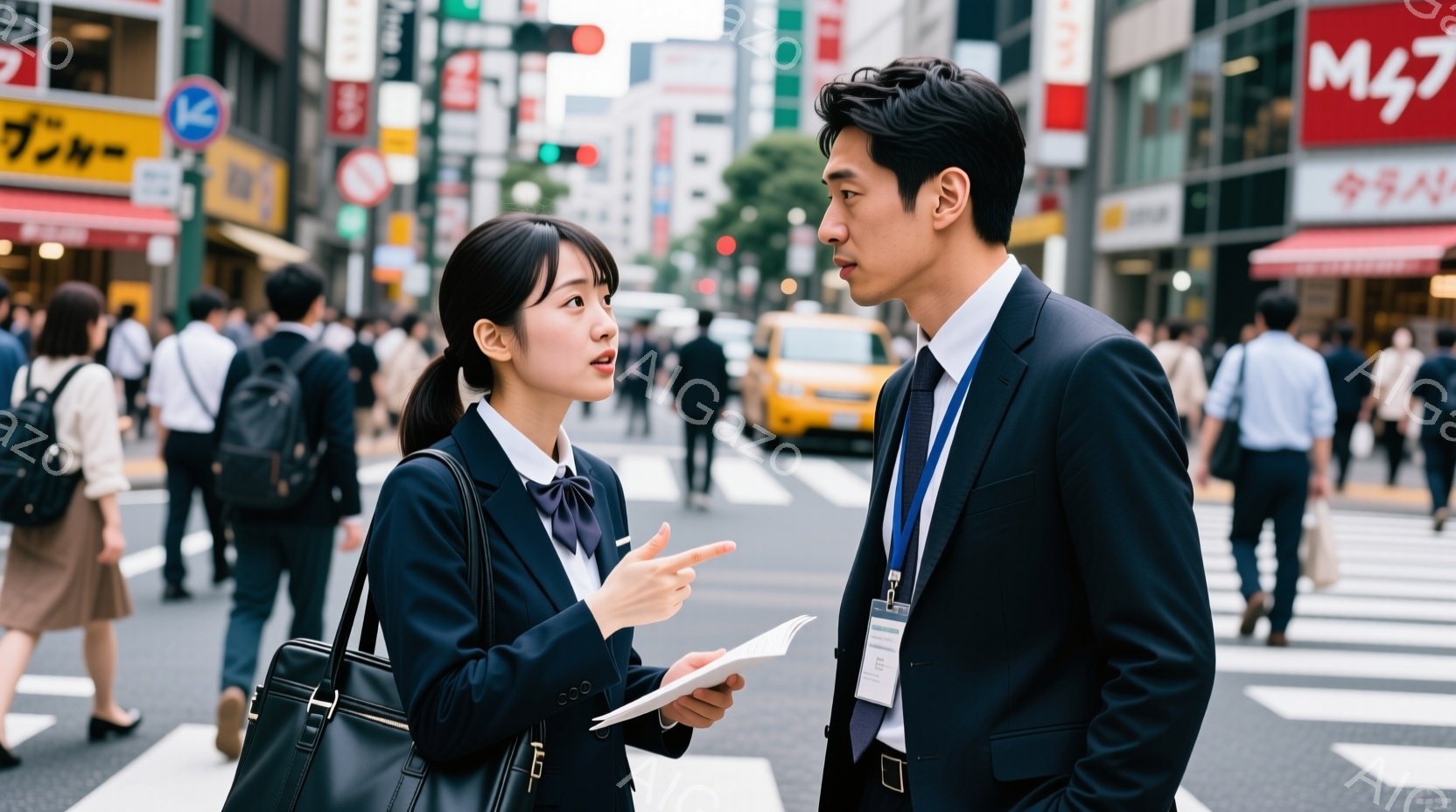 交差点で話している若いビジネスマンと女性が写っています。女性は紺色のスーツに白いブラウス、首にリボンを結び、書類を手にしながら熱心に何かを説明しています。男性は黒いスーツにネクタイで、女性の話を真剣に聞いている様子で、背広の胸元には名札をつけています。