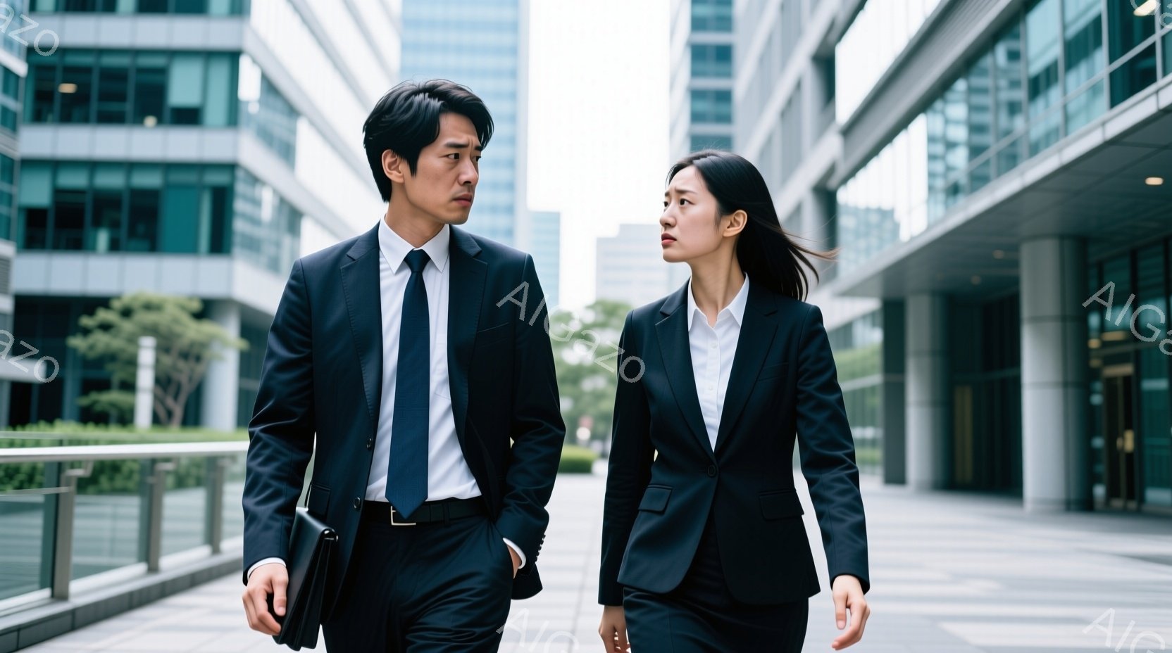 ビジネススーツを着た男女が、建物の外の歩道を並んで歩いている。男性は黒いスーツにネクタイ、女性は黒いパンツスーツに白いシャツを着ており、少し険しい表情で前を見つめている。背景には近代的な建物とわずかな - AI生成フリー素材