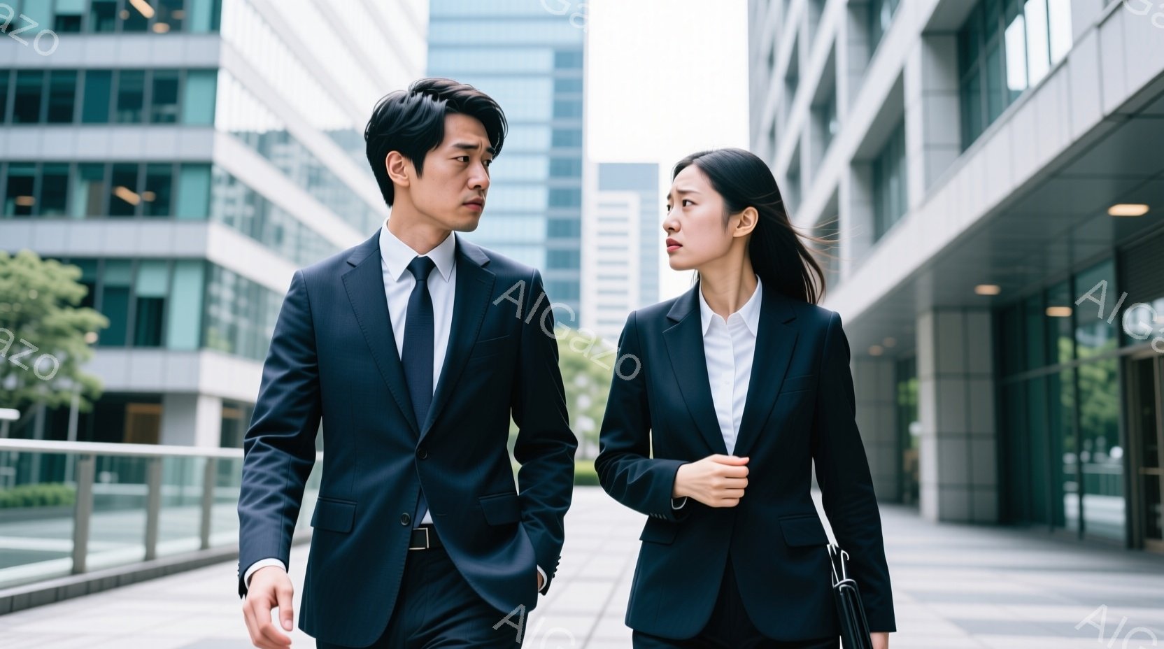 ビジネススーツを着た男女が、オフィス街の通路を歩いている。男性は濃い青色のストライプのスーツ、女性は濃い青色のシンプルなスーツを着ており、表情はやや険しい。背景には近代的な高層ビルと、緑の植栽が見え、晴天で明るい雰囲気である。
