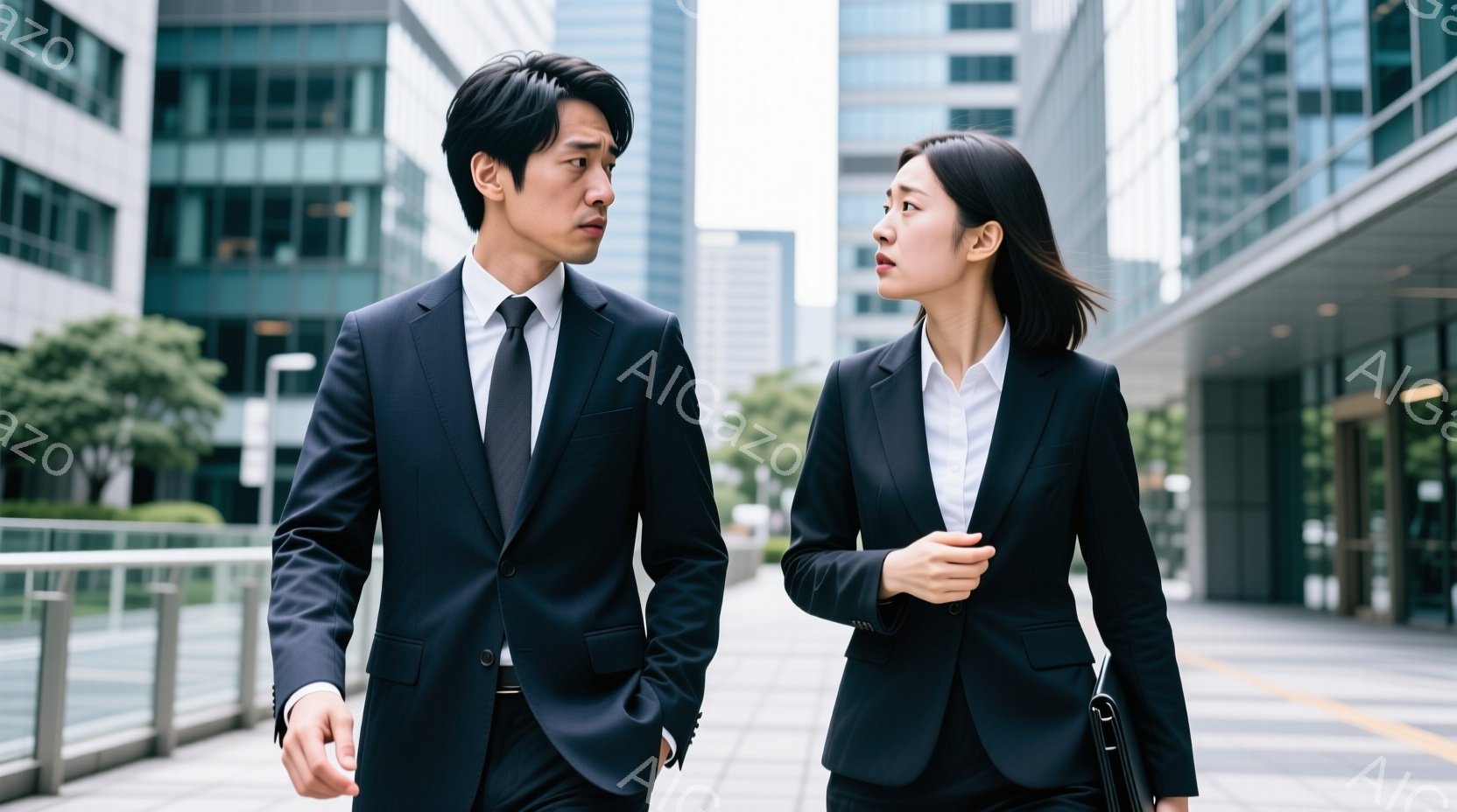 スーツを着た男女が並んで歩いている。男性は黒いスーツにネクタイ、短髪で、やや険しい表情をしている。女性は黒いパンツスーツに白シャツを着ており、髪は肩にかかる程度にまとめられ、少し心配そうな表情をしてい - AI生成フリー素材