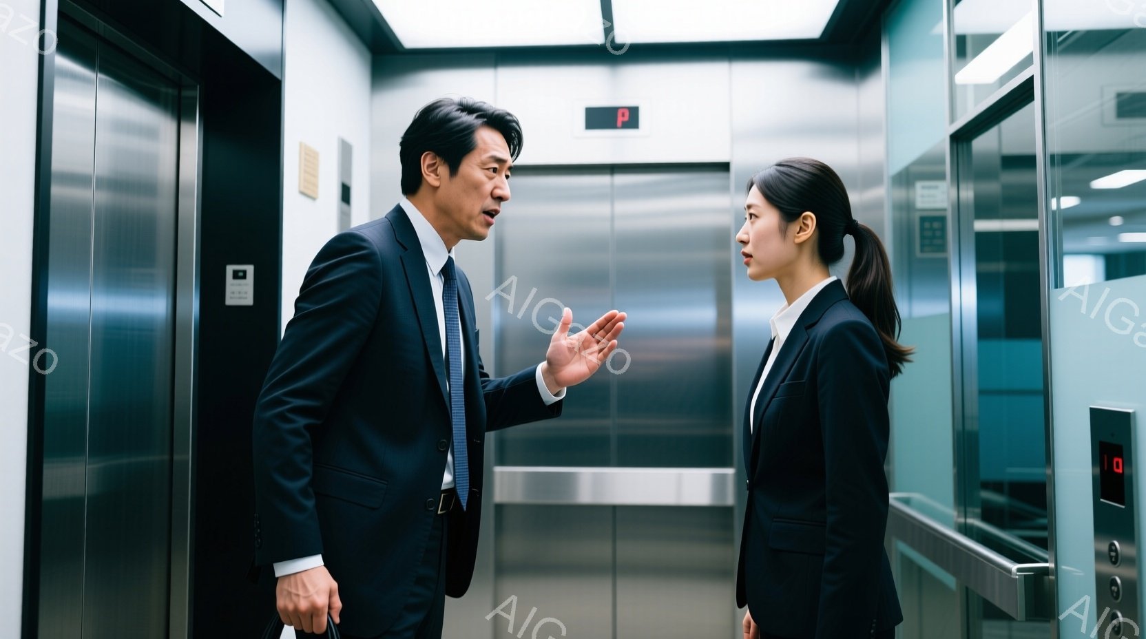 エレベーターの中で男性と女性が立っています。男性はスーツを着ており、片手を伸ばして何かを説明しているように見えます。女性は黒いスーツを着て髪を後ろでまとめており、男性の方をじっと見ています。