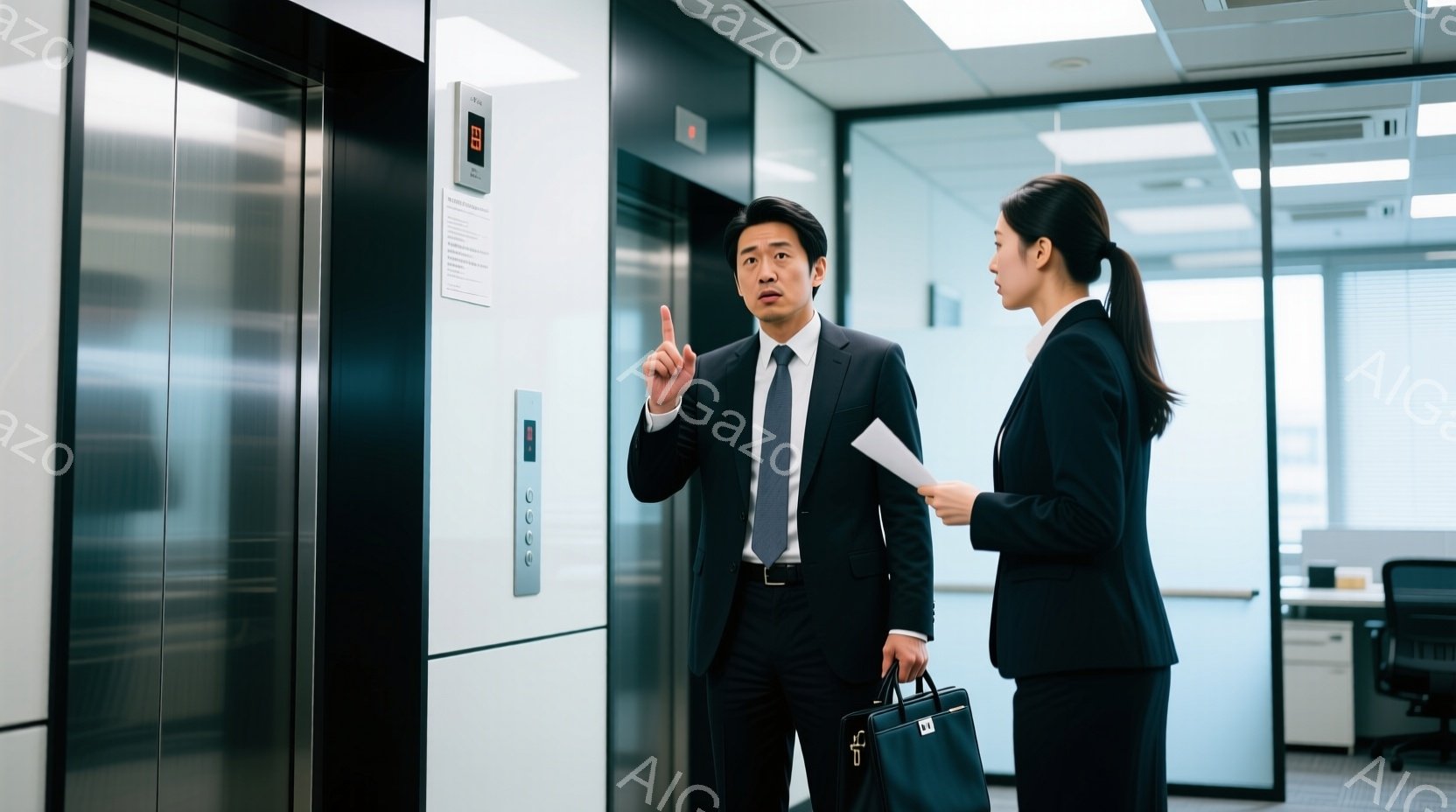 紺色のスーツを着た男性が、片手を上げて何かを説明しているように見え、真剣な表情をしている。隣には黒いスーツの女性が立ち、書類を持ち、男性の話に耳を傾けているようだ。背景はオフィスの一角で、エレベーターとオフィス家具が見え、全体的にビジネスライクで落ち着いた雰囲気である。