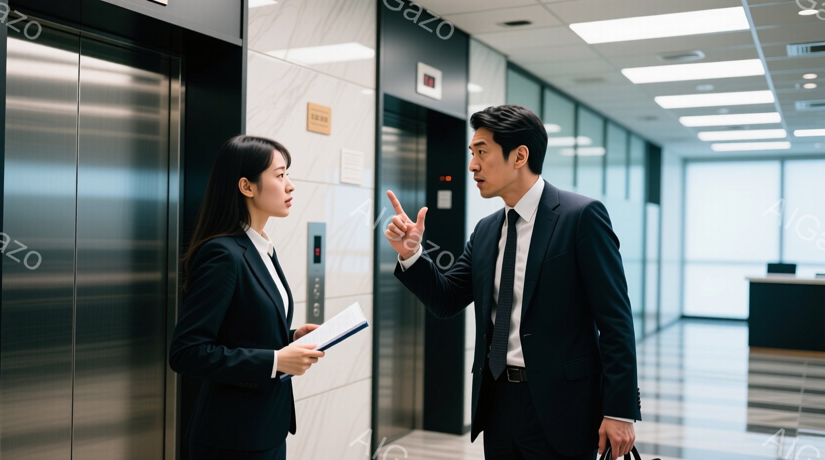 廊下に立つビジネスマンと女性が映っている。ビジネスマンは黒いスーツを着ており、片手を上げて何かを説明している様子で、やや強い表情をしている。女性は紺色のスーツを着ており、書類を手に持っているが、ビジネスマンの方を見てやや厳しい表情を浮かべている。