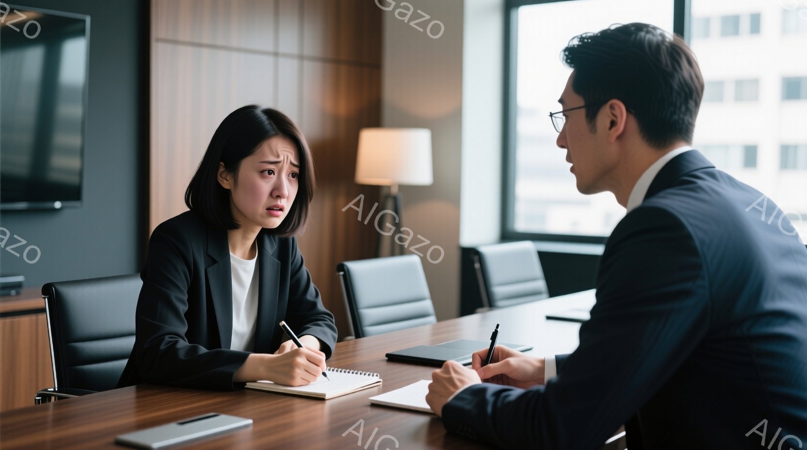 一人の女性と男性が会議室のテーブルを挟んで座っており、両者ともノートに何かを書き込んでいる。女性は黒いスーツを着ており、やや悲しそうな表情をしているのに対し、男性は同じように黒いスーツを着て、真剣な表 - AI生成フリー素材