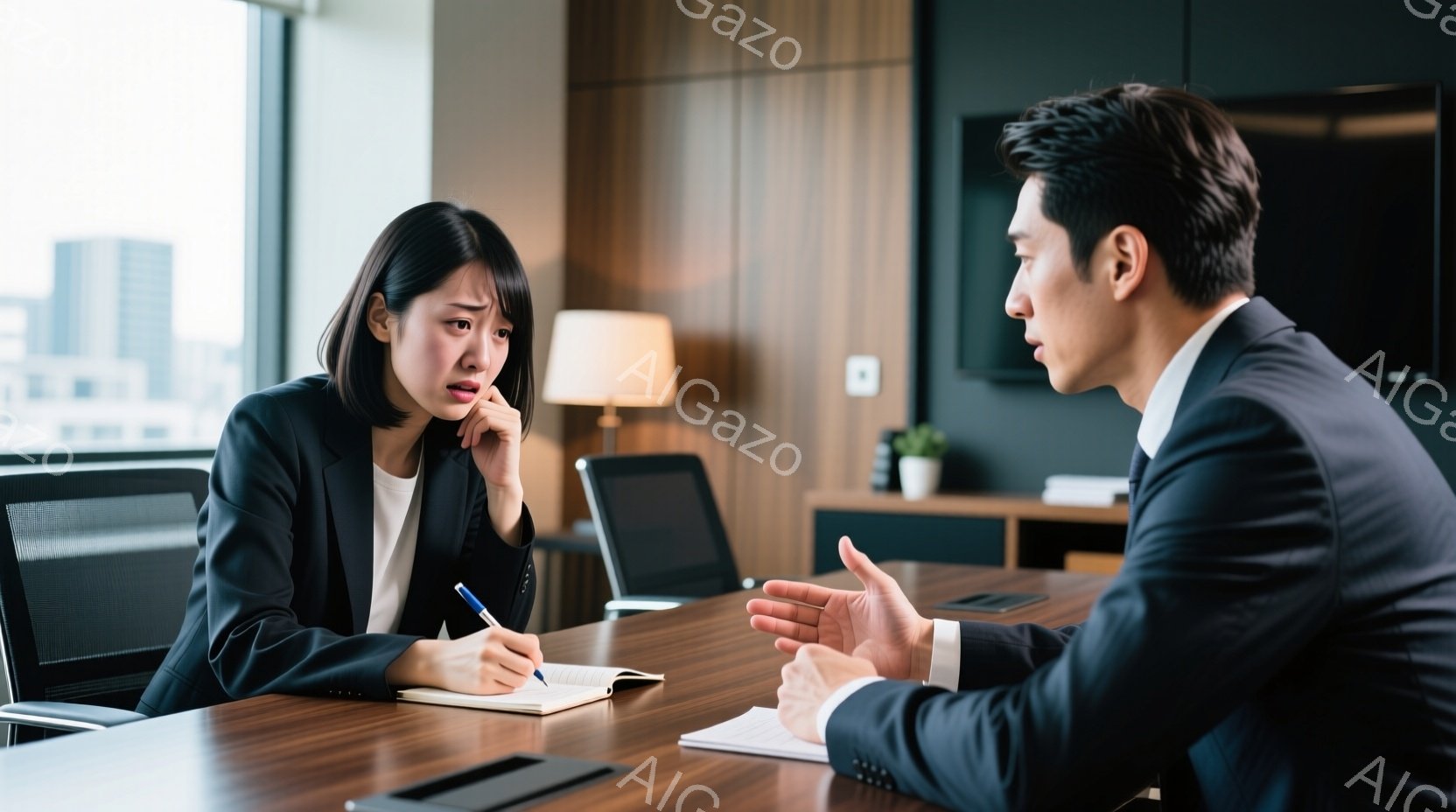 一人の女性と男性が会議室のテーブルを挟んで向かい合って座っています。女性は黒いジャケットと白いシャツを着ており、少し心配そうな表情でペンを握り、ノートに何かを書き込もうとしています。男性は紺色のスーツ - AI生成フリー素材