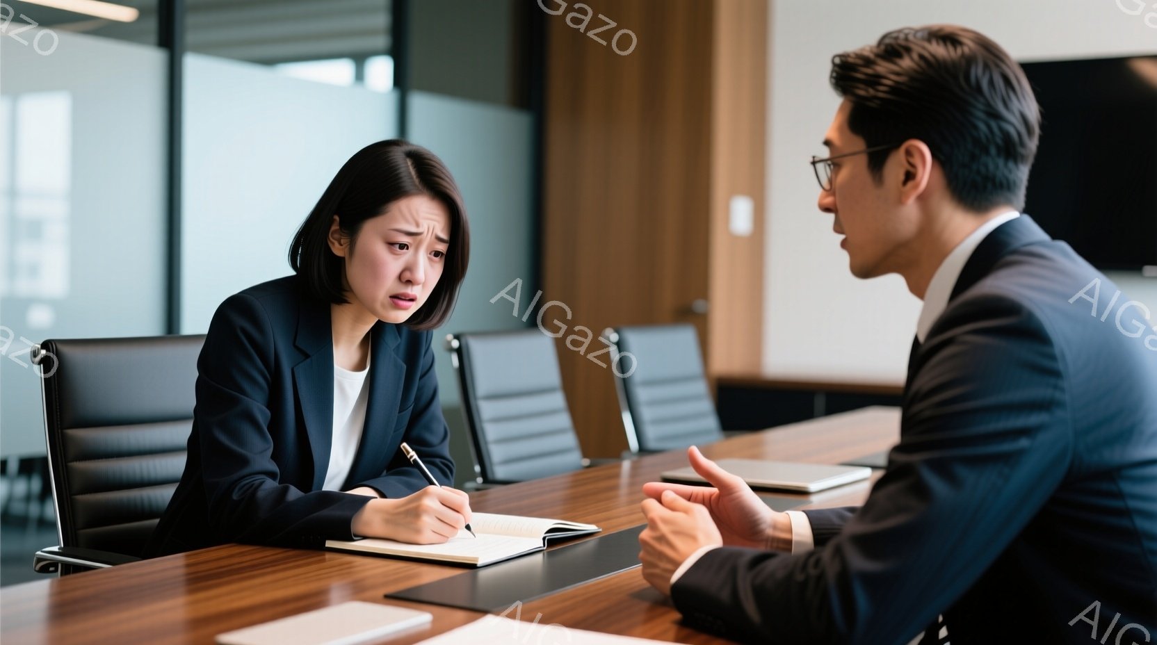 会議室で、女性は青いスーツを着ており、困惑した表情でノートに何かを書き込んでいる。男性はグレーのスーツを着て、身振り手振りで何かを説明しているように見える。背景には会議室のテーブルと椅子が並び、落ち着 - AI生成フリー素材