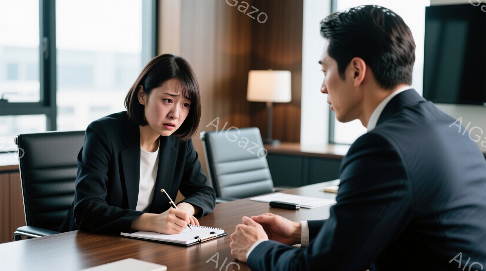女性は黒いスーツを着ており、やや不安そうな表情でノートに何かを書き込んでいる。男性はスーツ姿で、彼女と向かい合って身振り手振りで話しているようだ。背景にはオフィスらしき室内で、木製のテーブルと椅子、そ - AI生成フリー素材