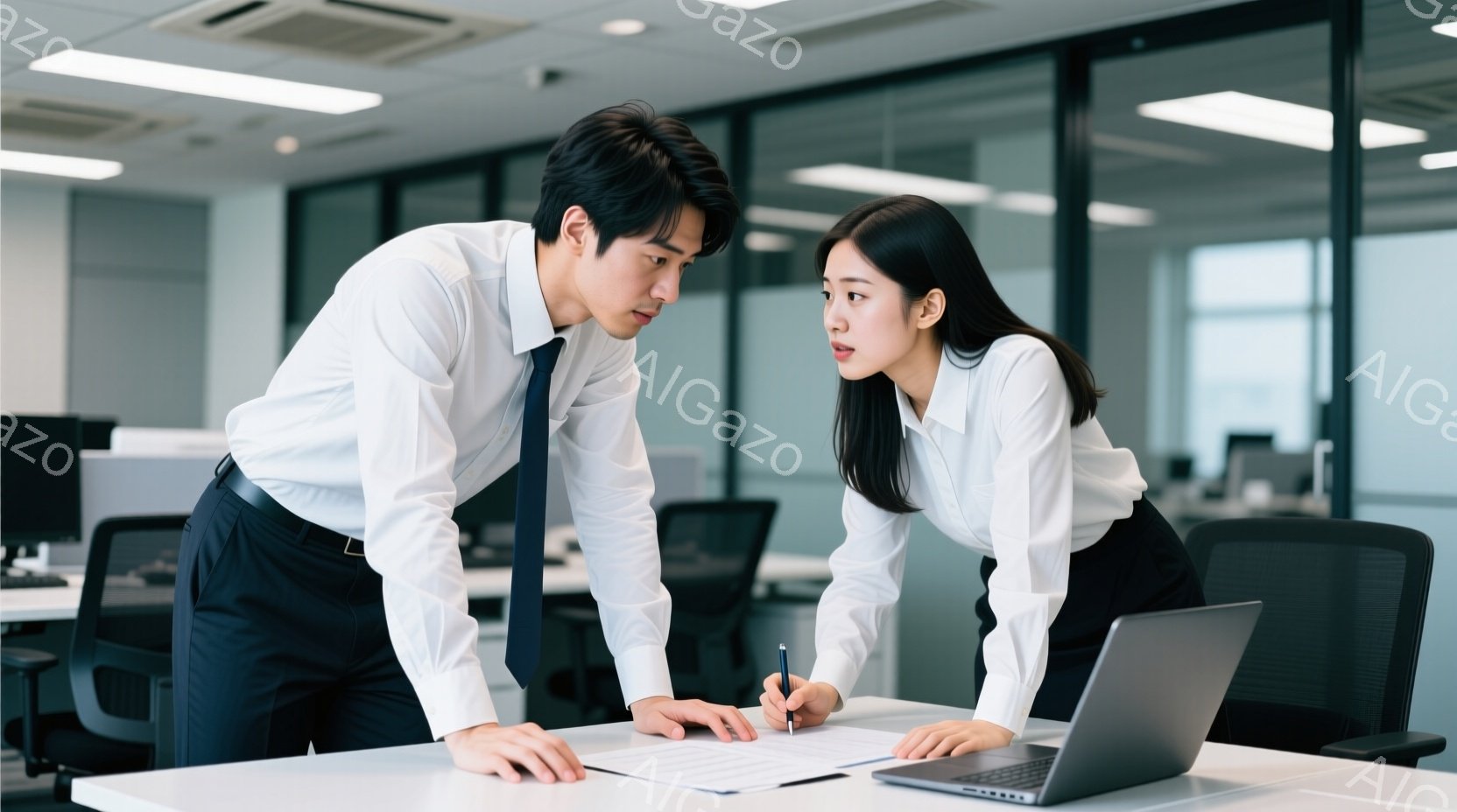 オフィスで書類を見ている男女が写っています。男性は白シャツに黒いズボン、ネクタイを締めており、女性も白シャツに黒いスカートを着用しています。二人はテーブルに身を乗り出し、書類を指しながら真剣に議論して - AI生成フリー素材