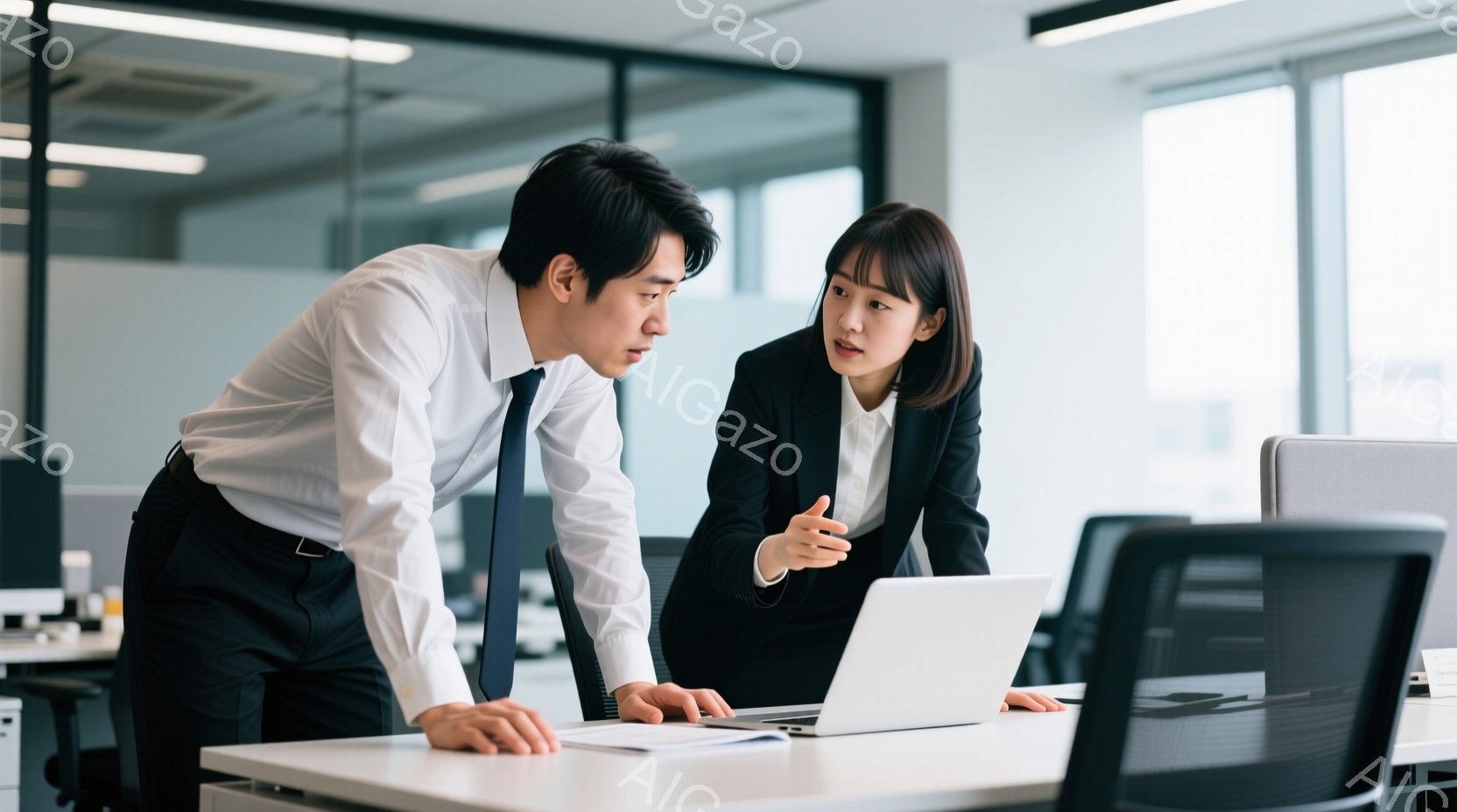 一人の男性と一人の女性が、オフィスでノートパソコンを囲んで立っている。男性は白シャツに黒いズボンを着用し、髪は短く整えられている。女性は黒いジャケットに白いシャツを着用し、髪を後ろでまとめている。二人 - AI生成フリー素材