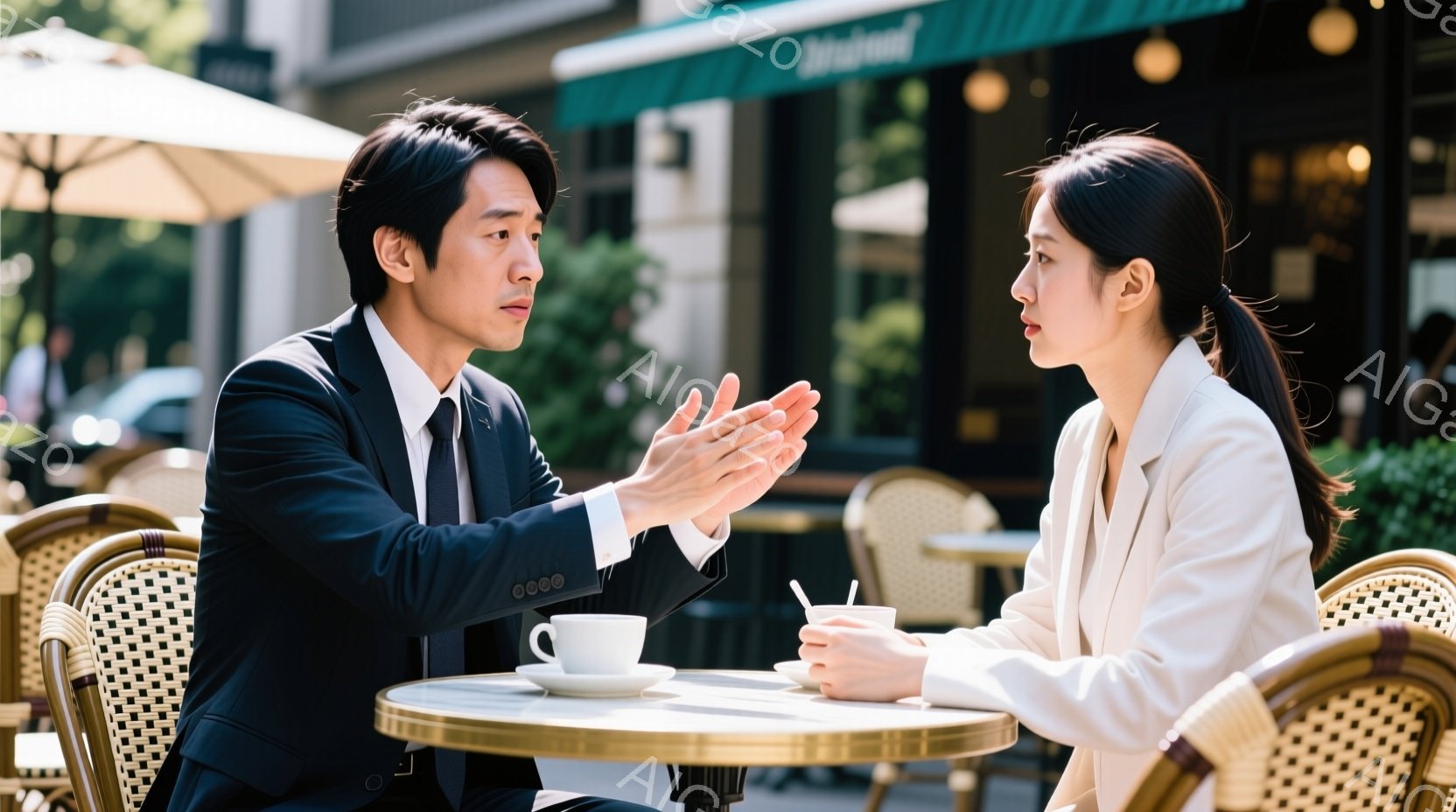 紺色のスーツを着た男性と、白いジャケットを着た女性が、カフェの屋外席で向かい合って座っています。男性は両手を広げて何かを説明しているようなジェスチャーをしており、女性は少し首を傾げながら彼を見つめてい - AI生成フリー素材