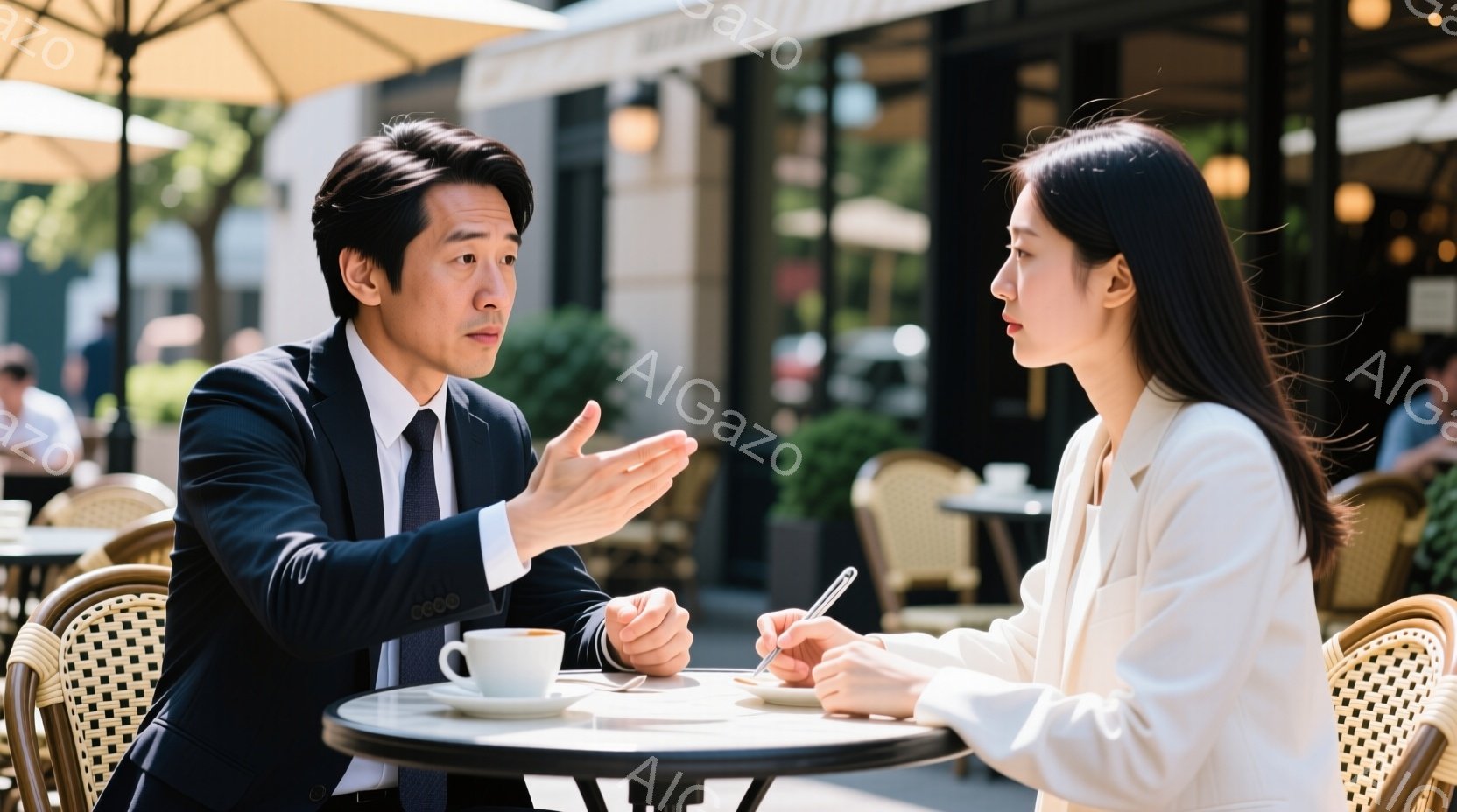 紺色のスーツにネクタイを締めた男性と、白いブラウスを着た女性がカフェの屋外席で向かい合って座っています。男性は身振り手振りで何かを説明している様子で、女性はペンを手にメモを取りながら熱心に話を聞いてい - AI生成フリー素材
