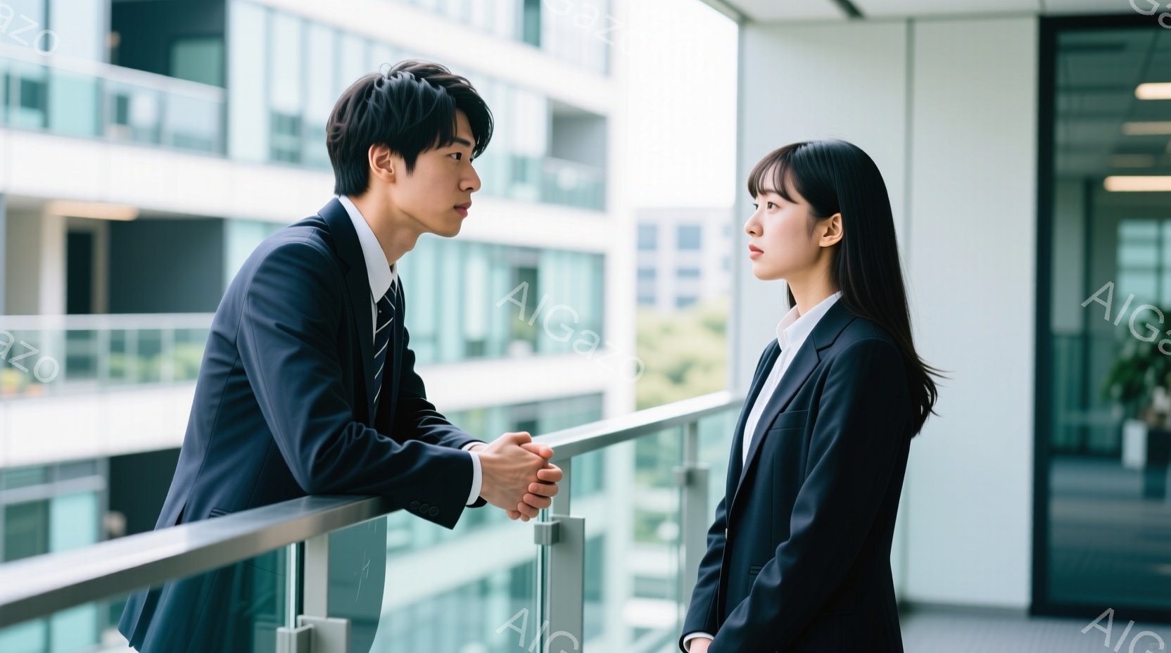 スーツを着た若い男女がバルコニーの手すりに寄りかかり、互いに向き合っている。男性は濃い青のスーツにネクタイを締め、女性は黒いスーツを着ており、両者とも真剣な表情でわずかに視線をずらしている。背景には近 - AI生成フリー素材